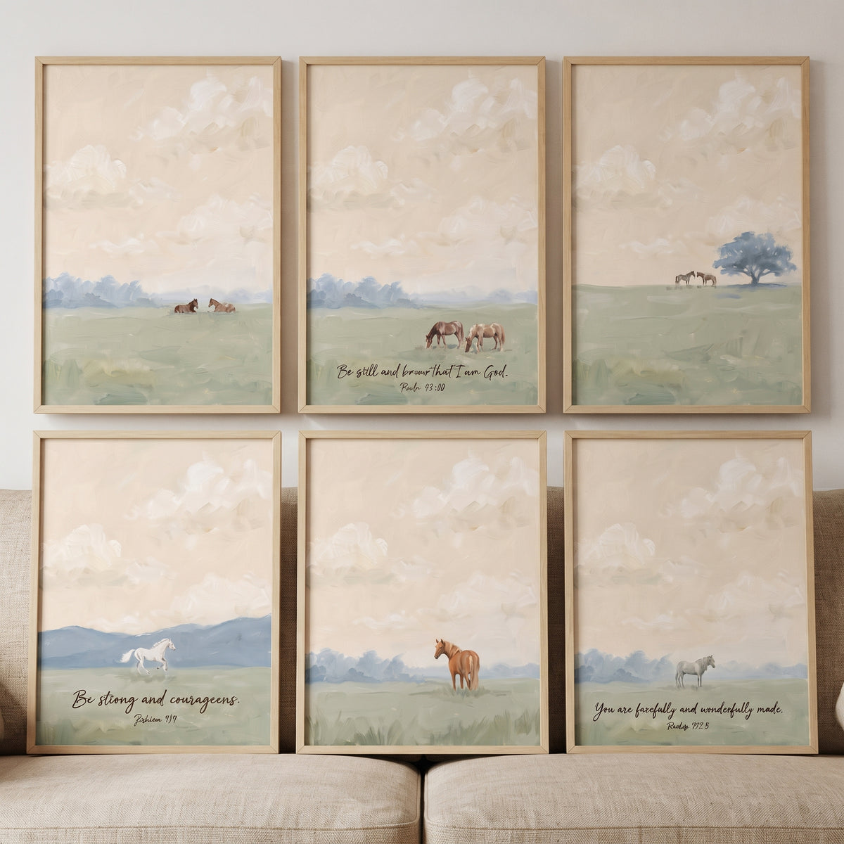 Serene scenery horse wall art set of 6 features muted horse illustrations and scripture in light wood frames.