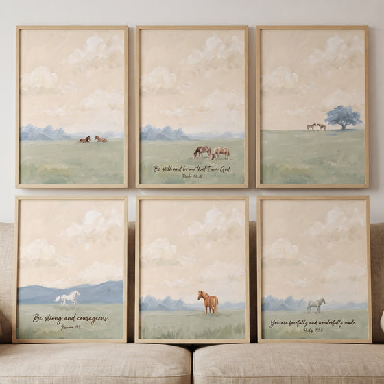 Serene scenery horse wall art set of 6 features muted horse illustrations and scripture in light wood frames.