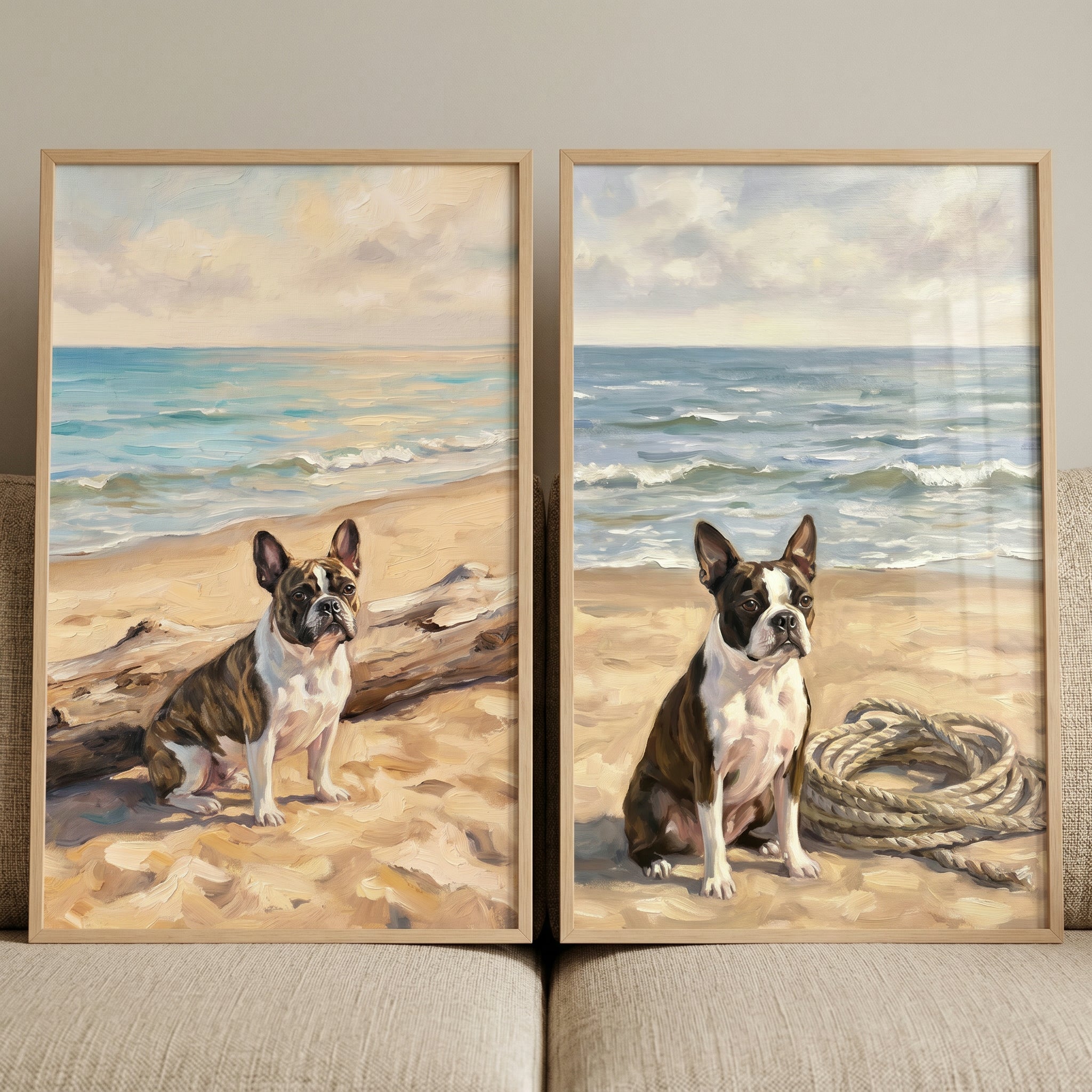 Serene Seaside Boston Terrier Wall Art Set of 2 - Seaside Dog Pair
