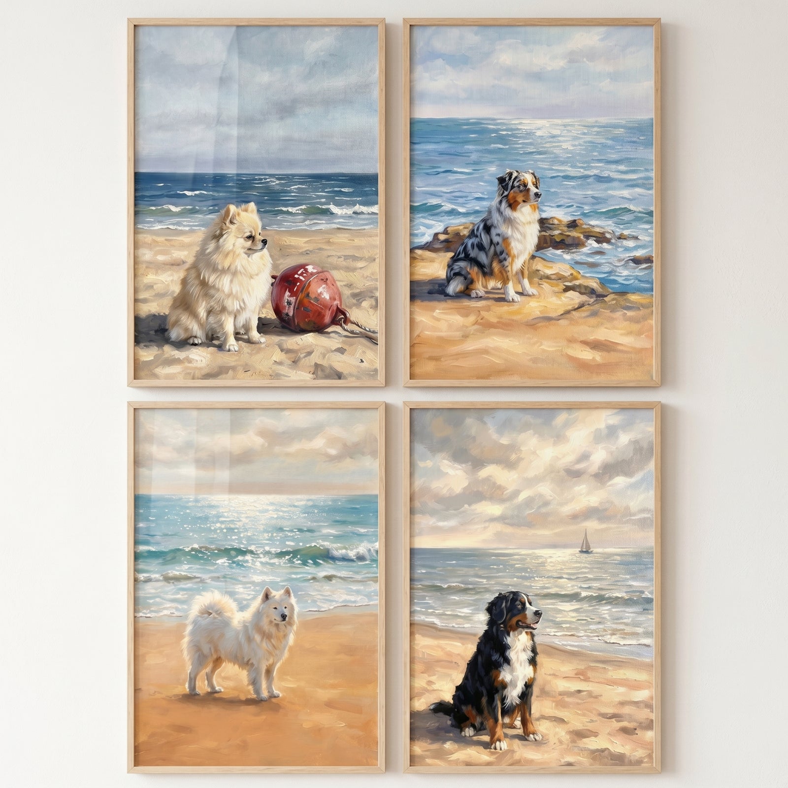 Four framed prints of various dog breeds on a sandy beach; serene seaside fluffy dogs wall art set of 4.