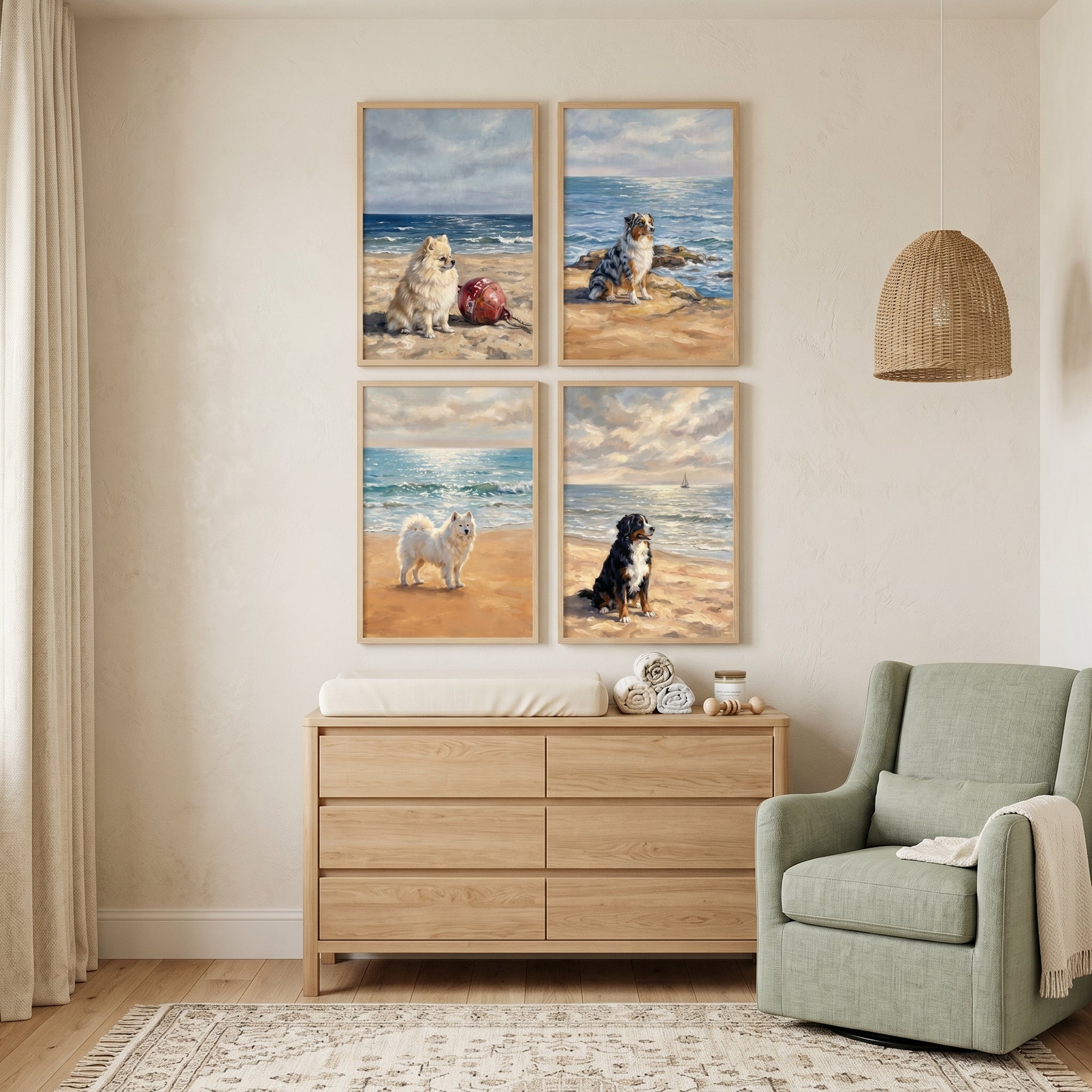 Serene Seaside Fluffy Dogs Wall Art Set of 4 - Seaside Paws