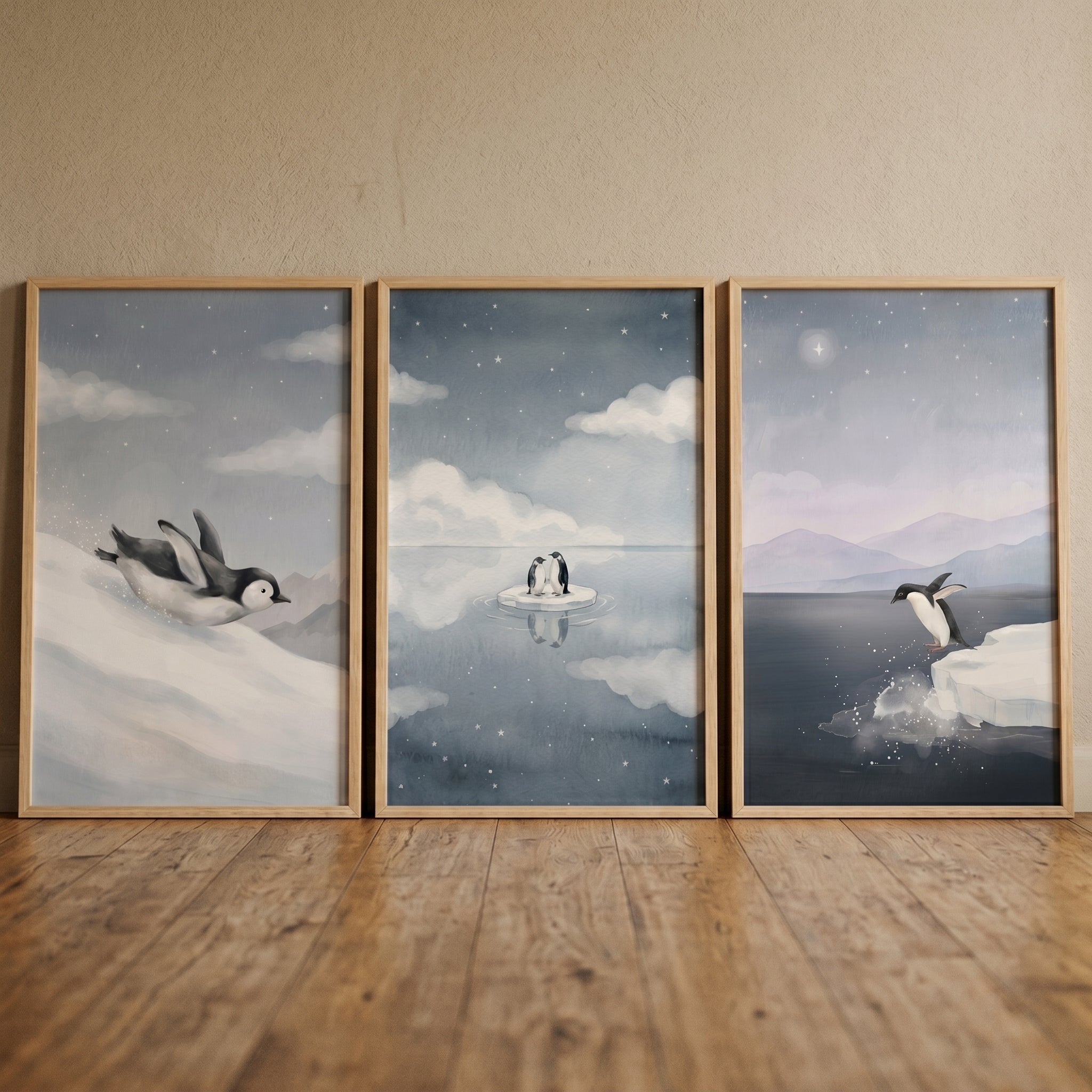 Serene Snowy Blue Penguin Wall Art Set of 3 - Icy Penguin Journey