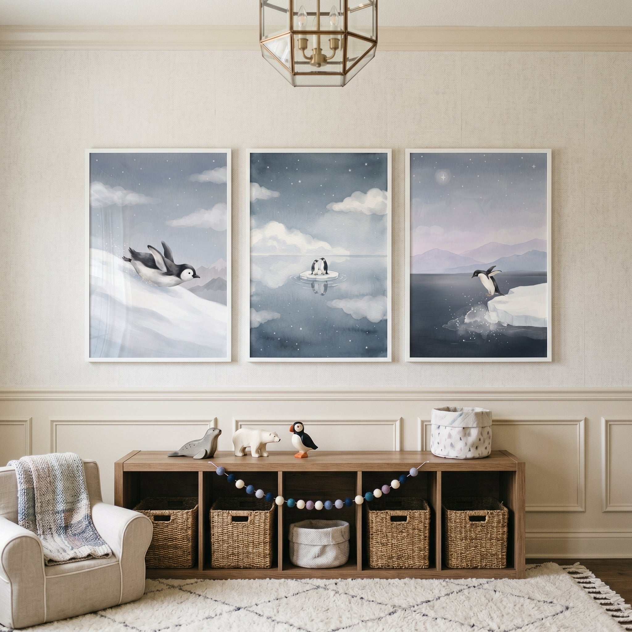 Serene Snowy Blue Penguin Wall Art Set of 3 - Icy Penguin Journey