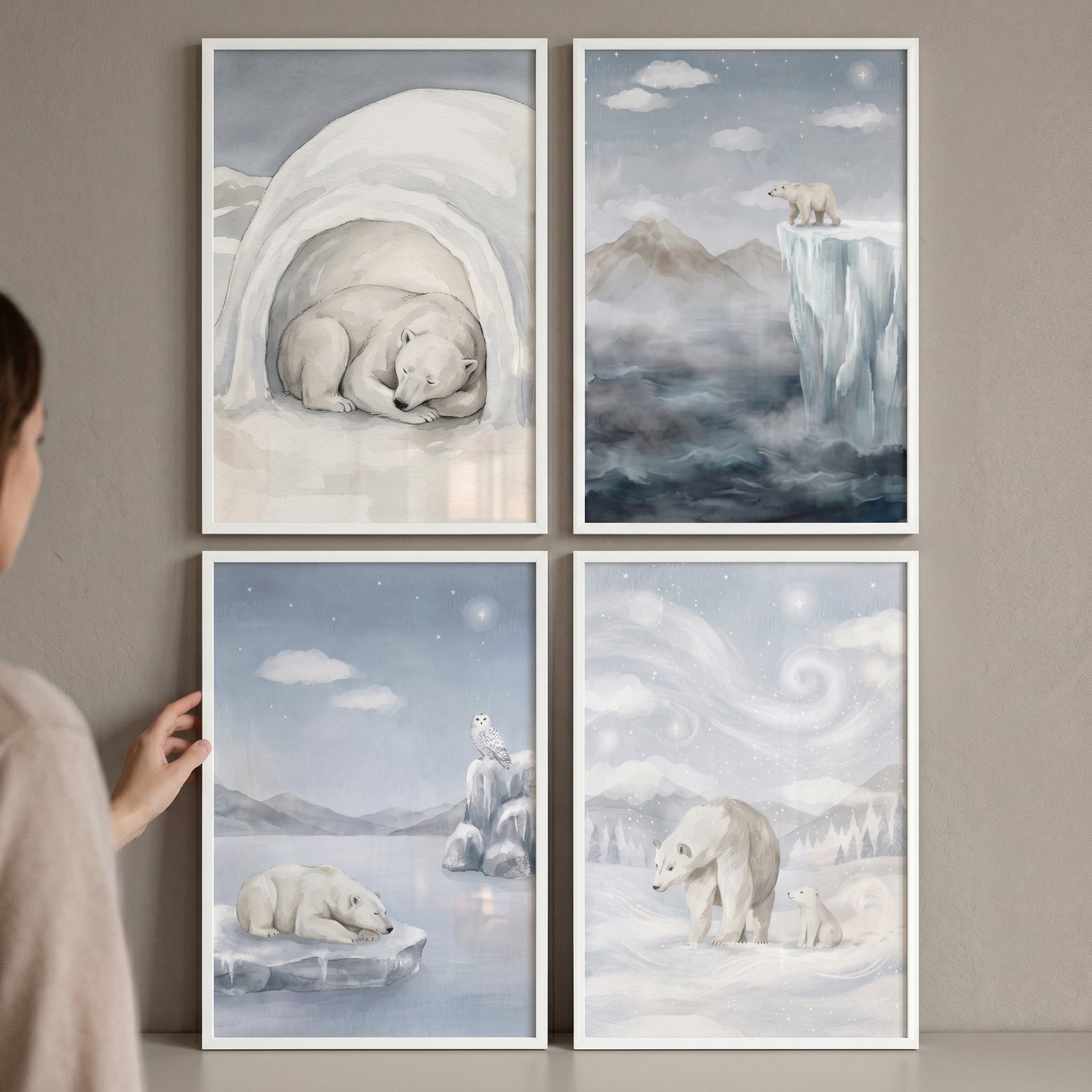 Serene snowy landscape polar bear artwork set of 4 in white frames with bears in an ice cave, on icebergs, and with a cub.