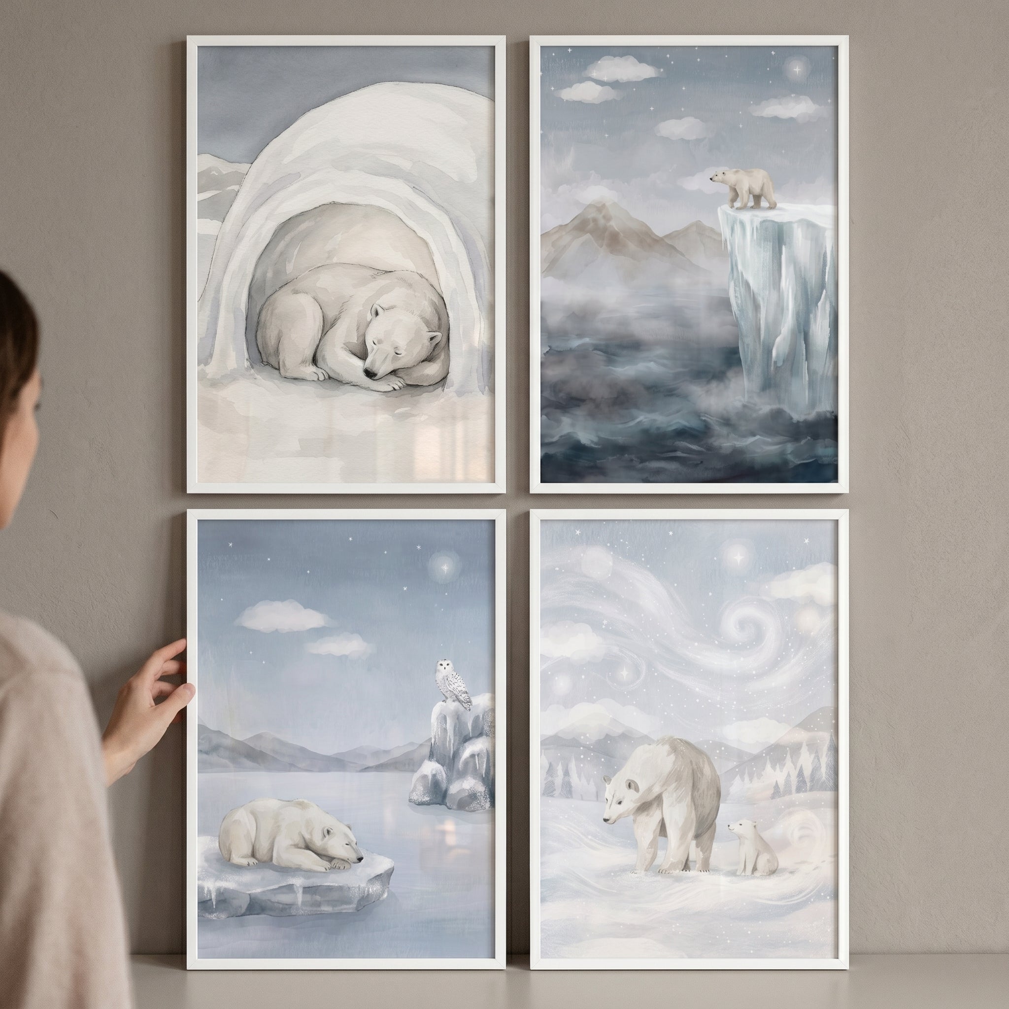 Serene Snowy Landscape Polar Bear Artwork Set Of 4 - Arctic Bear Dreams