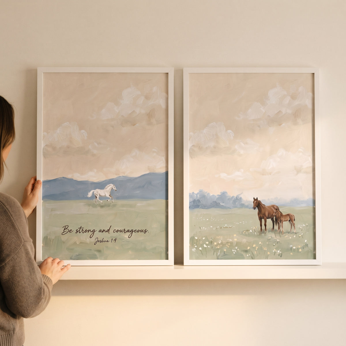 Serene sunset meadow horse wall art set of 2 featuring a white horse, a mare and foal, and inspirational Joshua 1:9 text.