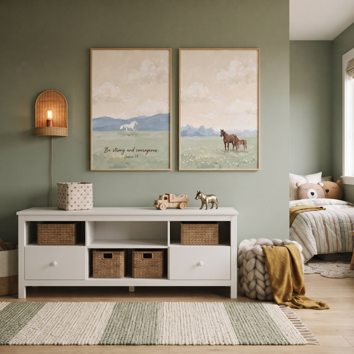 Serene Sunset Meadow Horse Wall Art Set Of 2 - Faithful Meadow Scene
