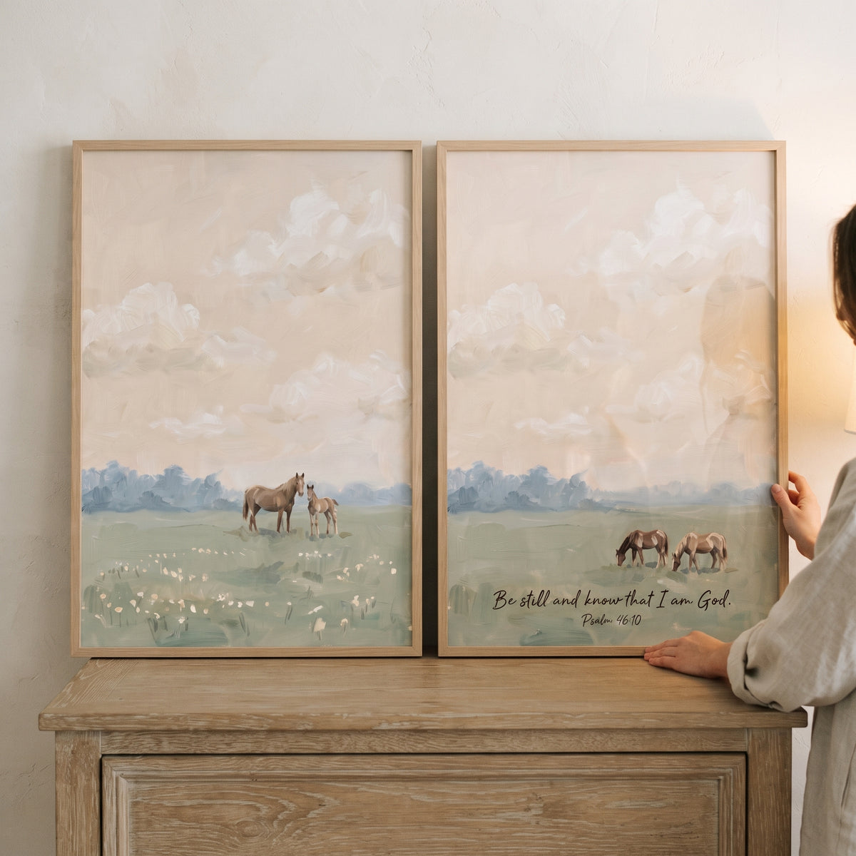 Serene Tan Pasture Horse Wall Art Set of 2 - Serene Meadow Faith