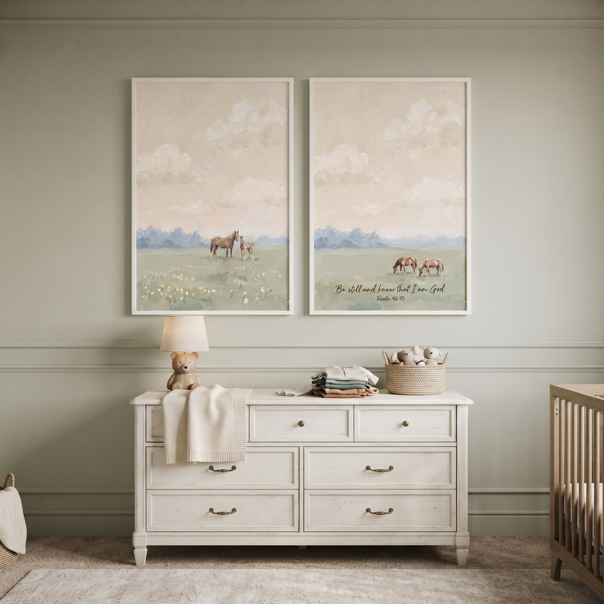 Serene Tan Pasture Horse Wall Art Set of 2 - Serene Meadow Faith