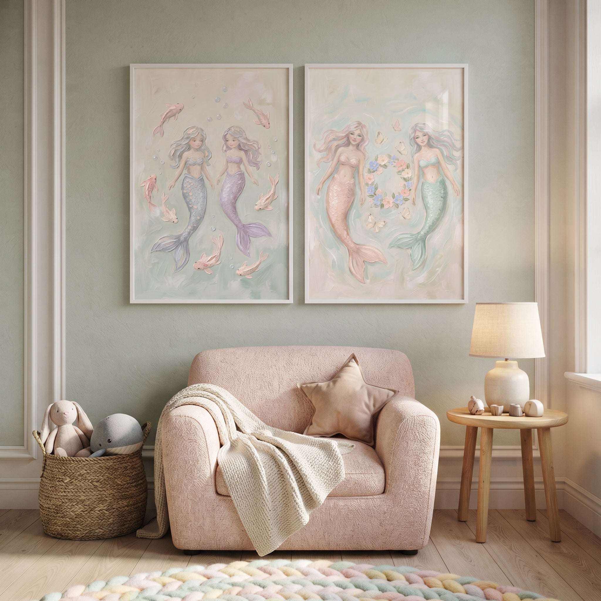 Serene Textured Pastel Mermaid Wall Art Set of 2 - Pastel Mermaid Friends