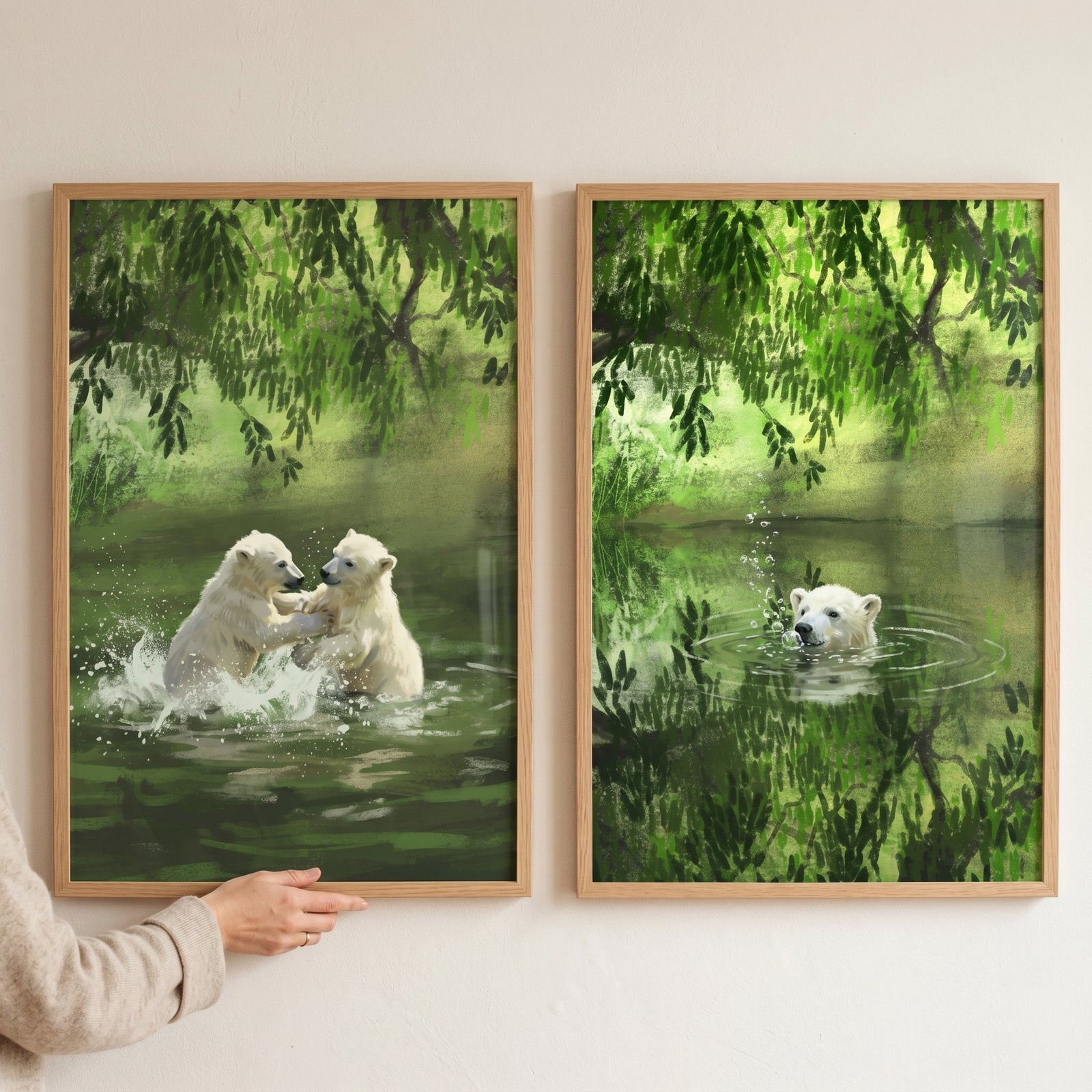 Serene water polar bear wall art set of 2 features bears playing and swimming in a green pond under lush foliage.