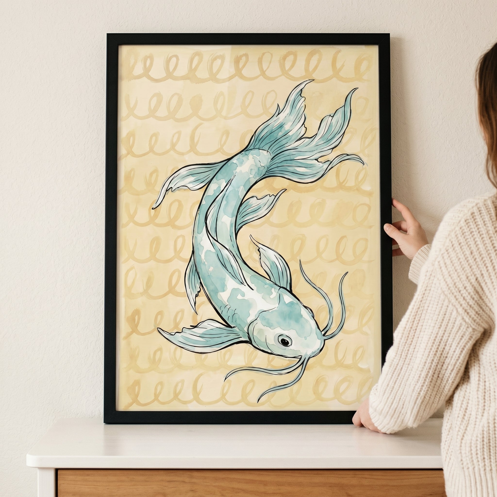 Serene Watercolor Blue Koi Fish Wall Art - Golden Current Koi