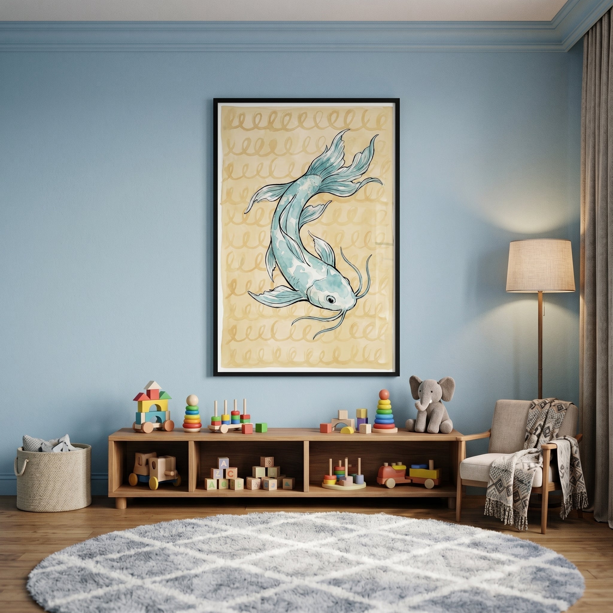 Serene Watercolor Blue Koi Fish Wall Art - Golden Current Koi