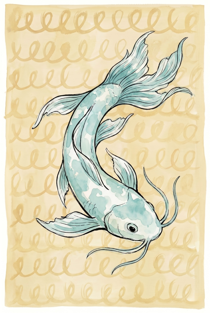 Serene watercolor blue koi fish wall art depicts a fish swimming downward against a tan background with looped patterns.