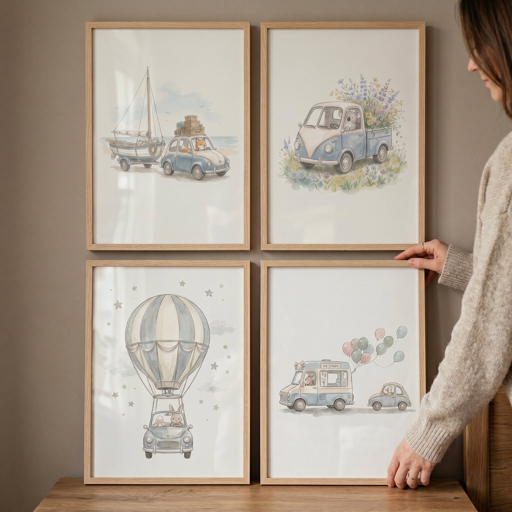 Serene Watercolor Driving Animals Wall Art Set of 4 - Cute Critter Adventures