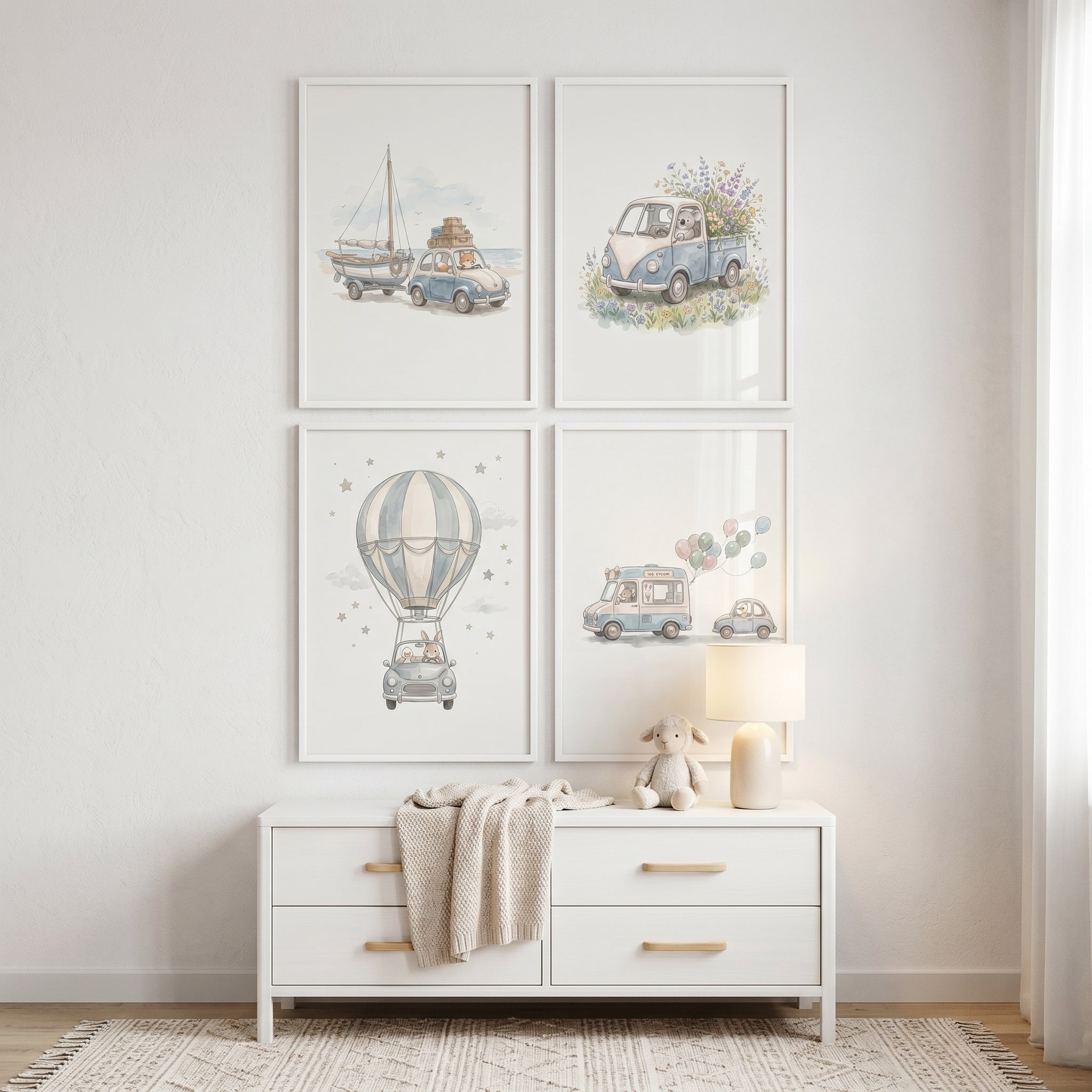 Serene Watercolor Driving Animals Wall Art Set of 4 - Cute Critter Adventures