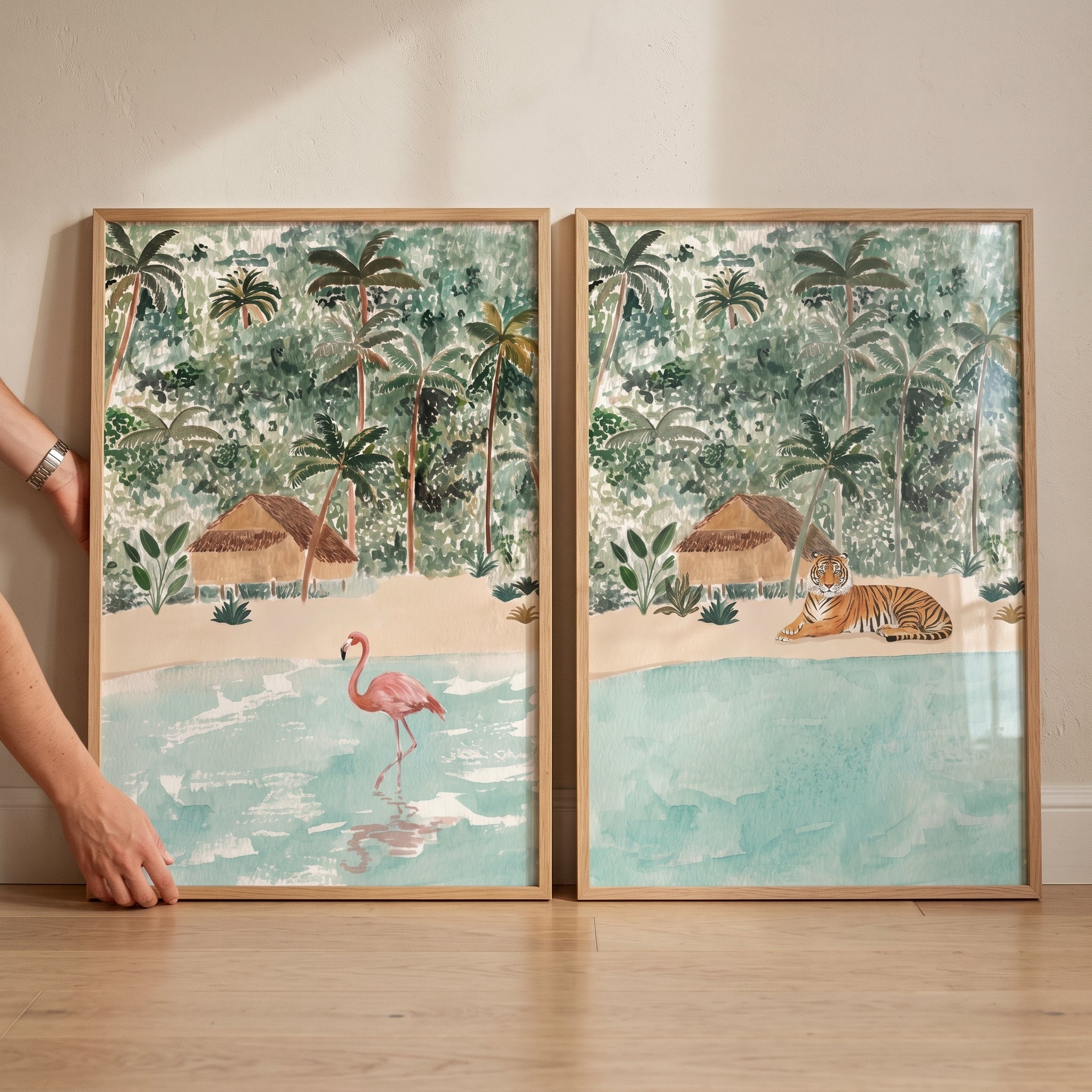 Serene Watercolor Island Animals Wall Art Set of 2 - Tropical Wildlife Art