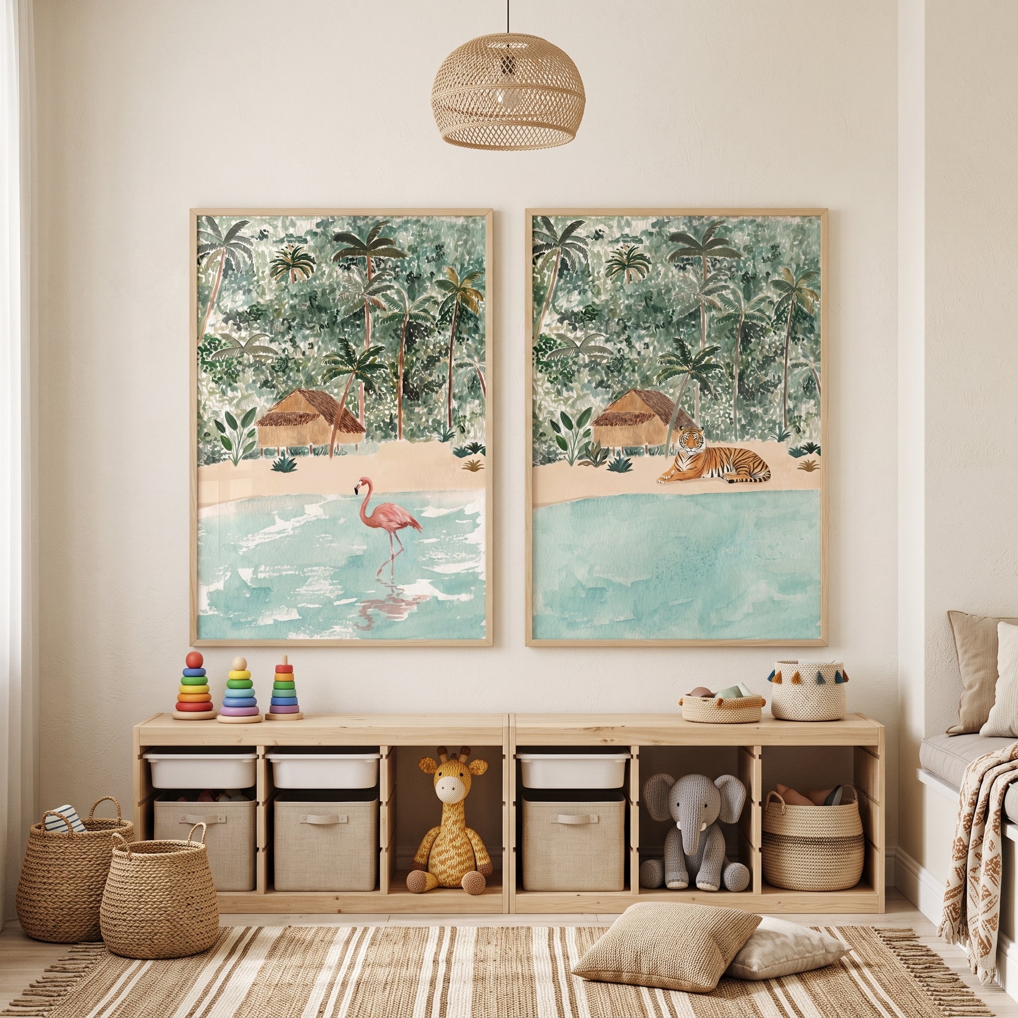 Serene Watercolor Island Animals Wall Art Set of 2 - Tropical Wildlife Art