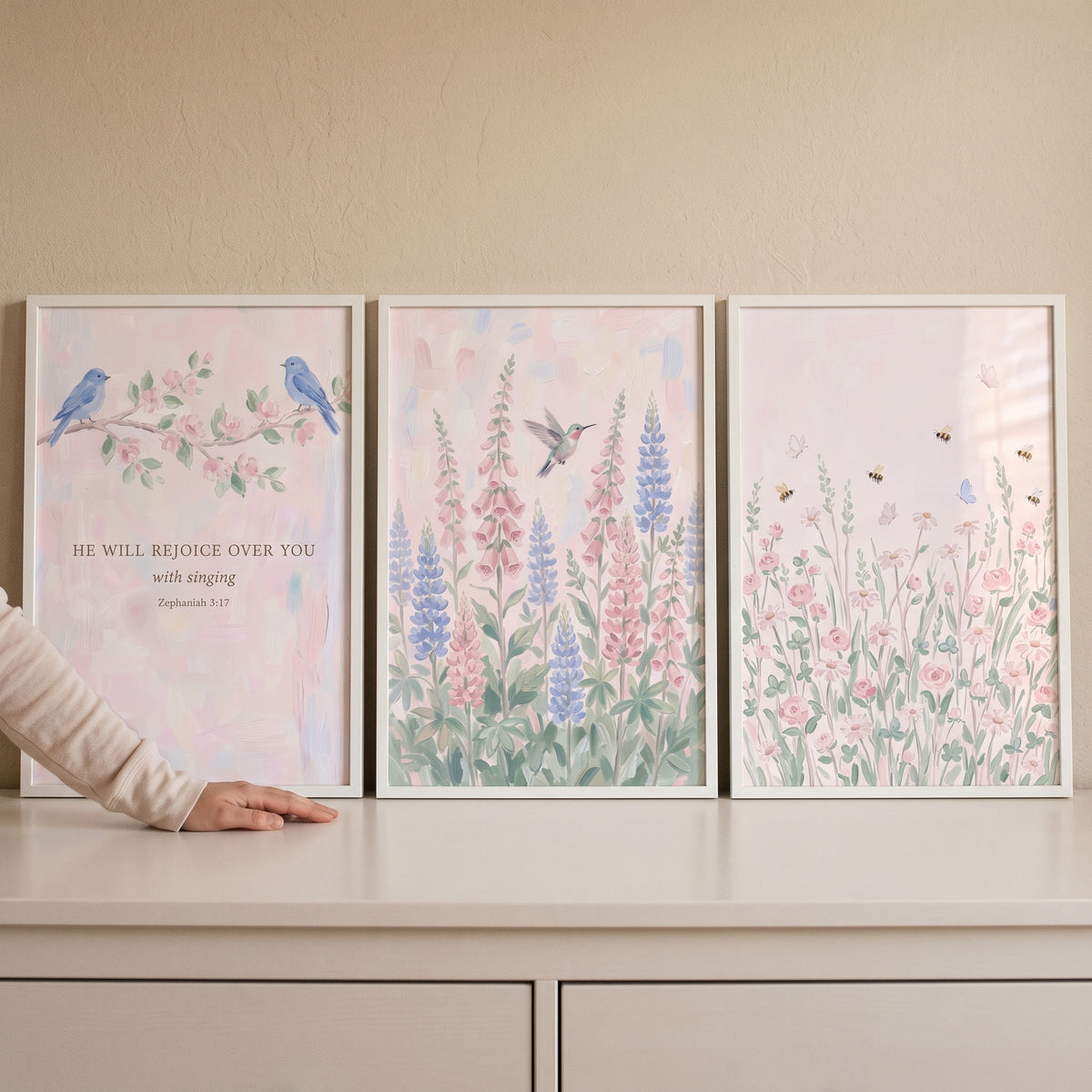 Serene Watercolor Meadow Wall Art Set of 3 - Singing Garden Grace