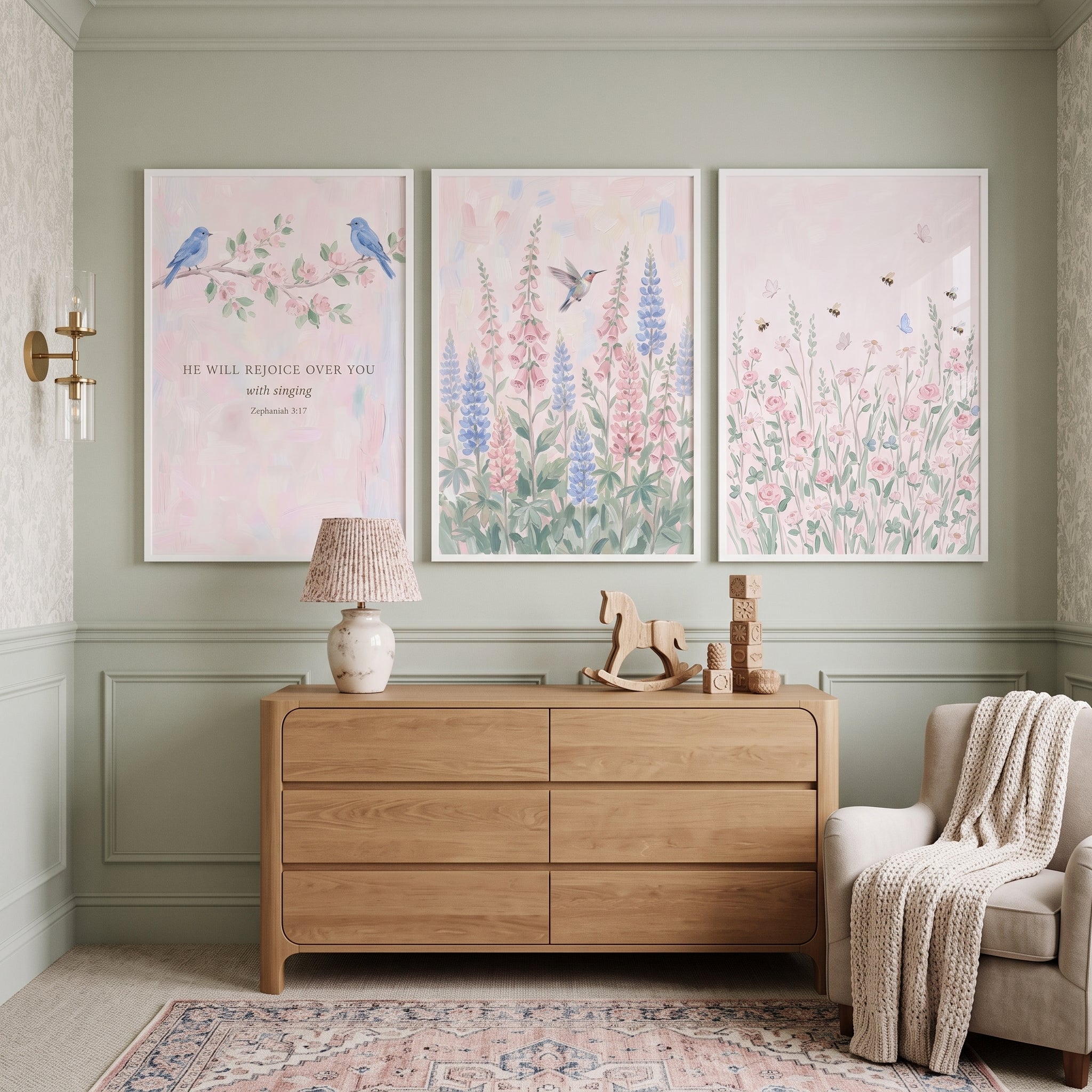 Serene Watercolor Meadow Wall Art Set of 3 - Singing Garden Grace