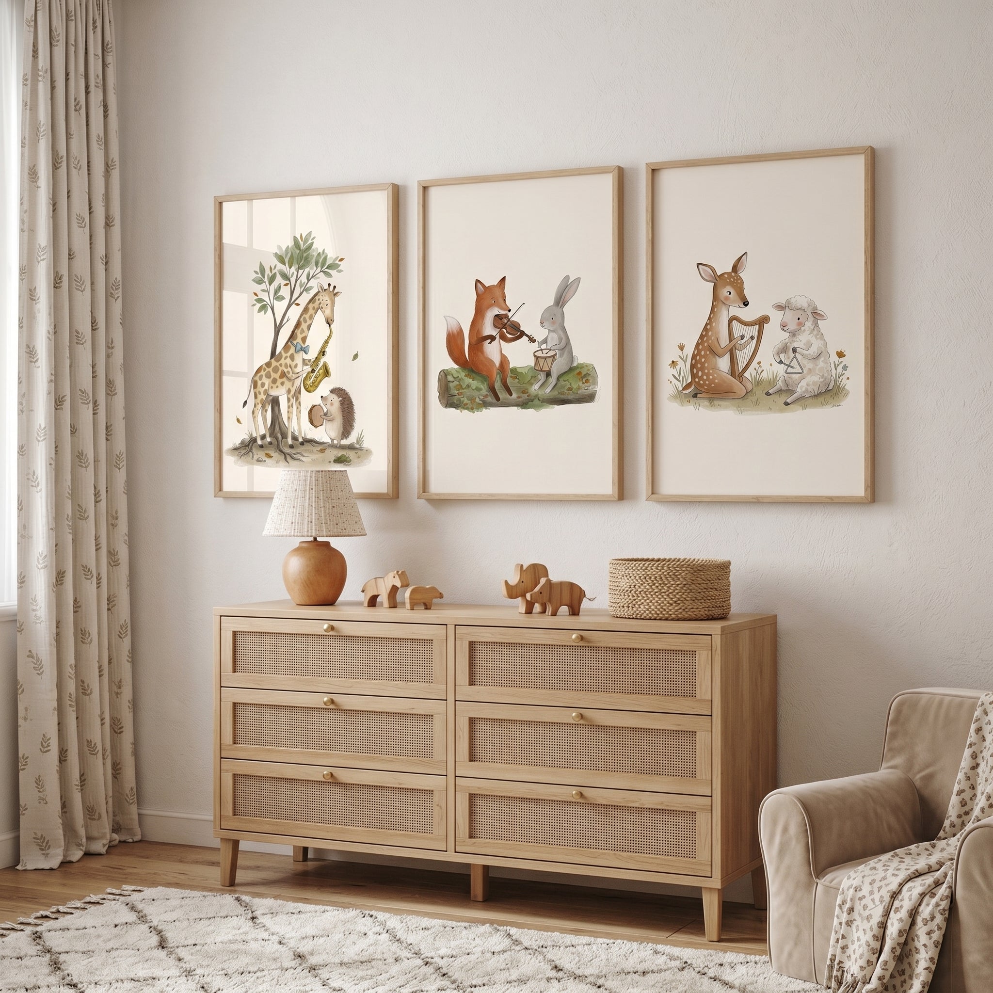 Serene Watercolor Musical Animals Wall Art Set Of 3 - Woodland Melody Makers