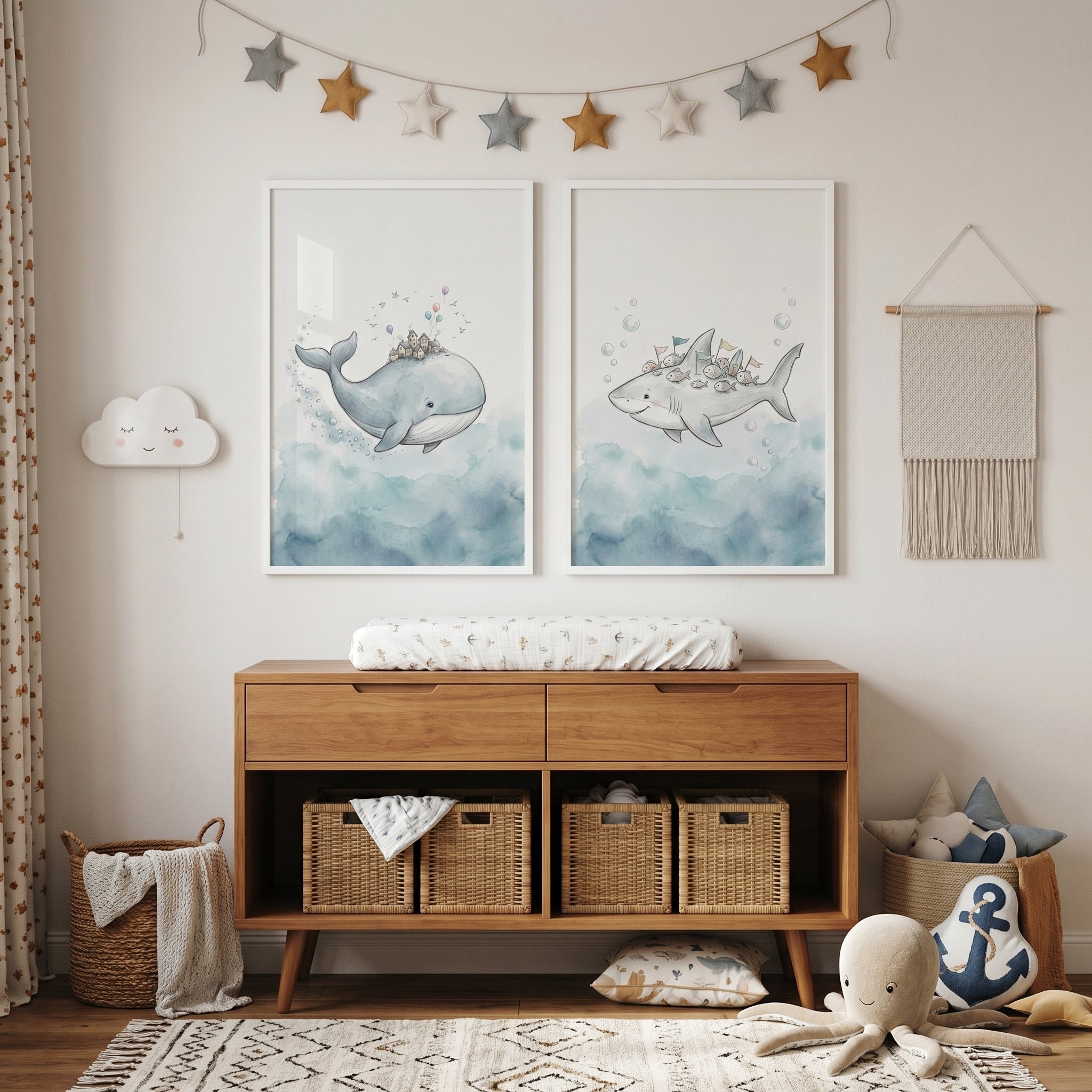 Serene Watercolor Ocean Animal Wall Art Set Of 2 - Ocean Dream Voyage