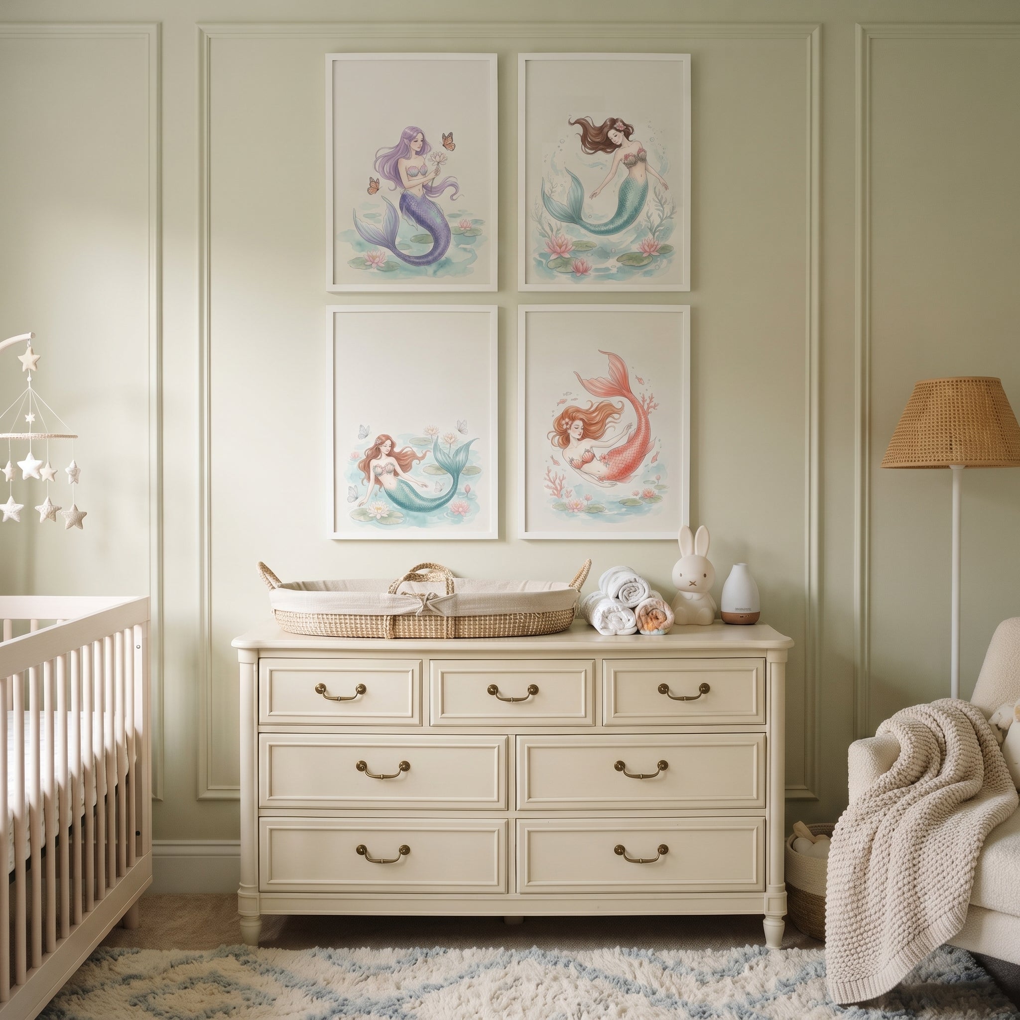 Serene Watercolor Ocean Mermaid Wall Art Set of 4 - Whimsical Ocean Maidens