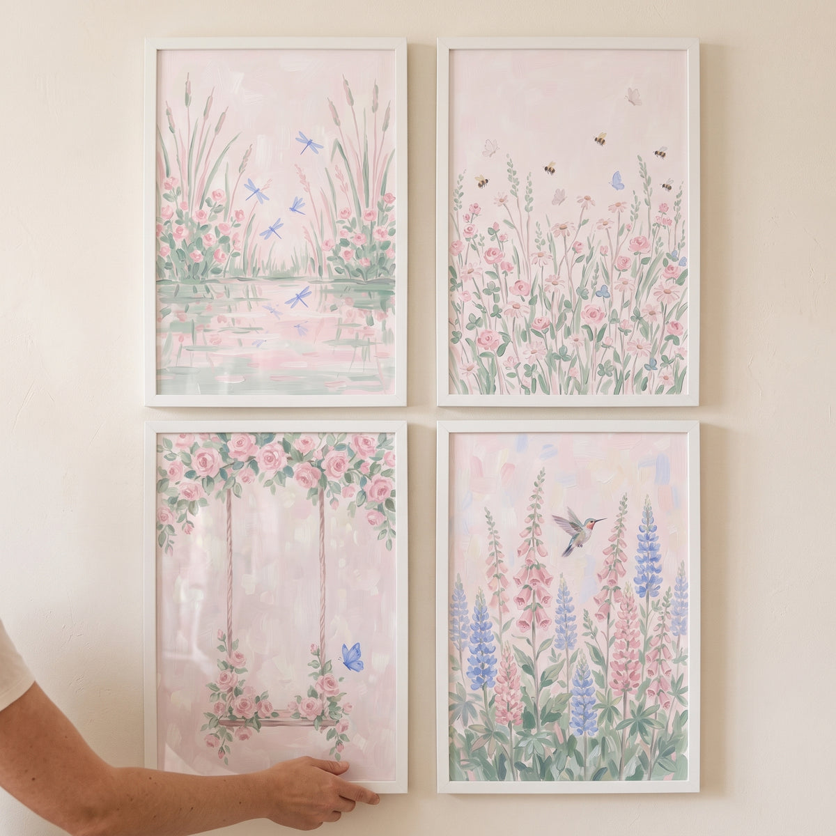 Serene Watercolor Pink Garden Wall Art Set of 4 - Soft Meadow Scenes