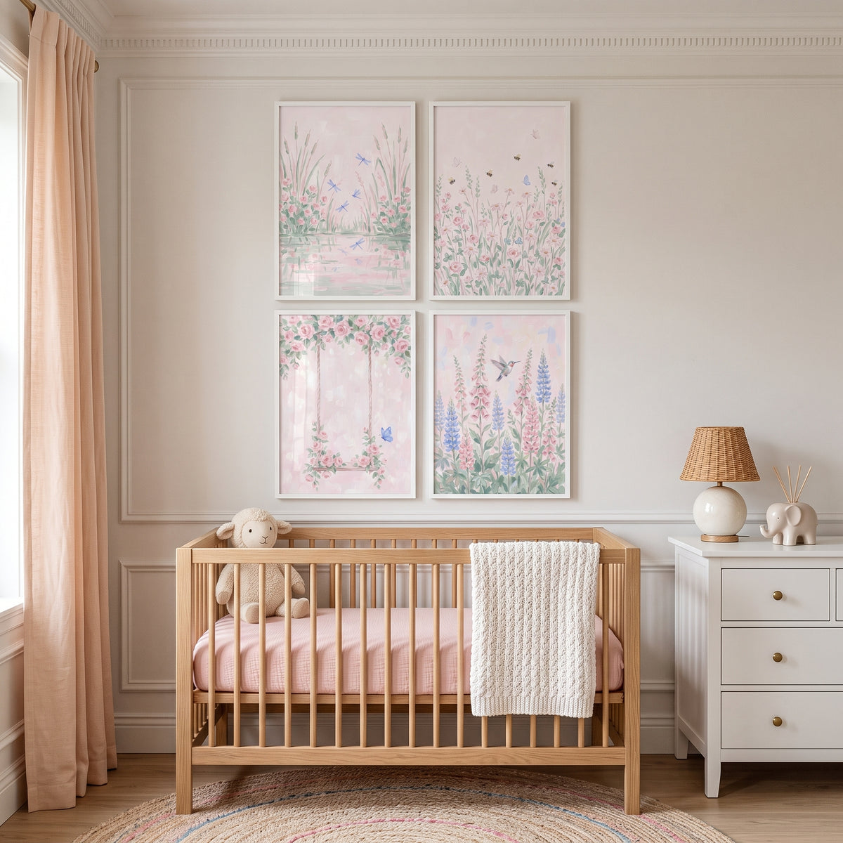 Serene Watercolor Pink Garden Wall Art Set of 4 - Soft Meadow Scenes
