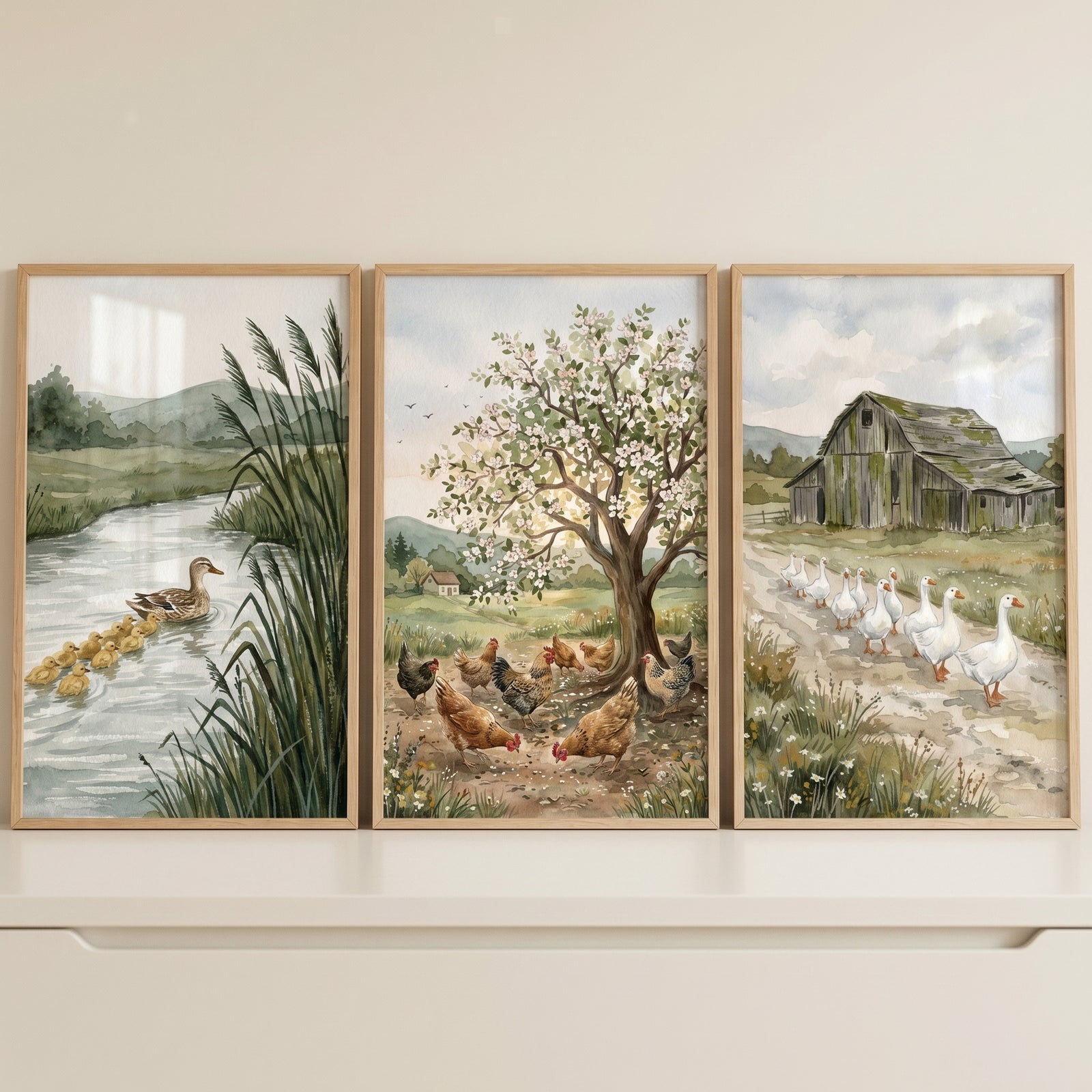 Serene watercolor poultry wall art set of 3 with ducks on a river, chickens under a tree, and geese near a barn.