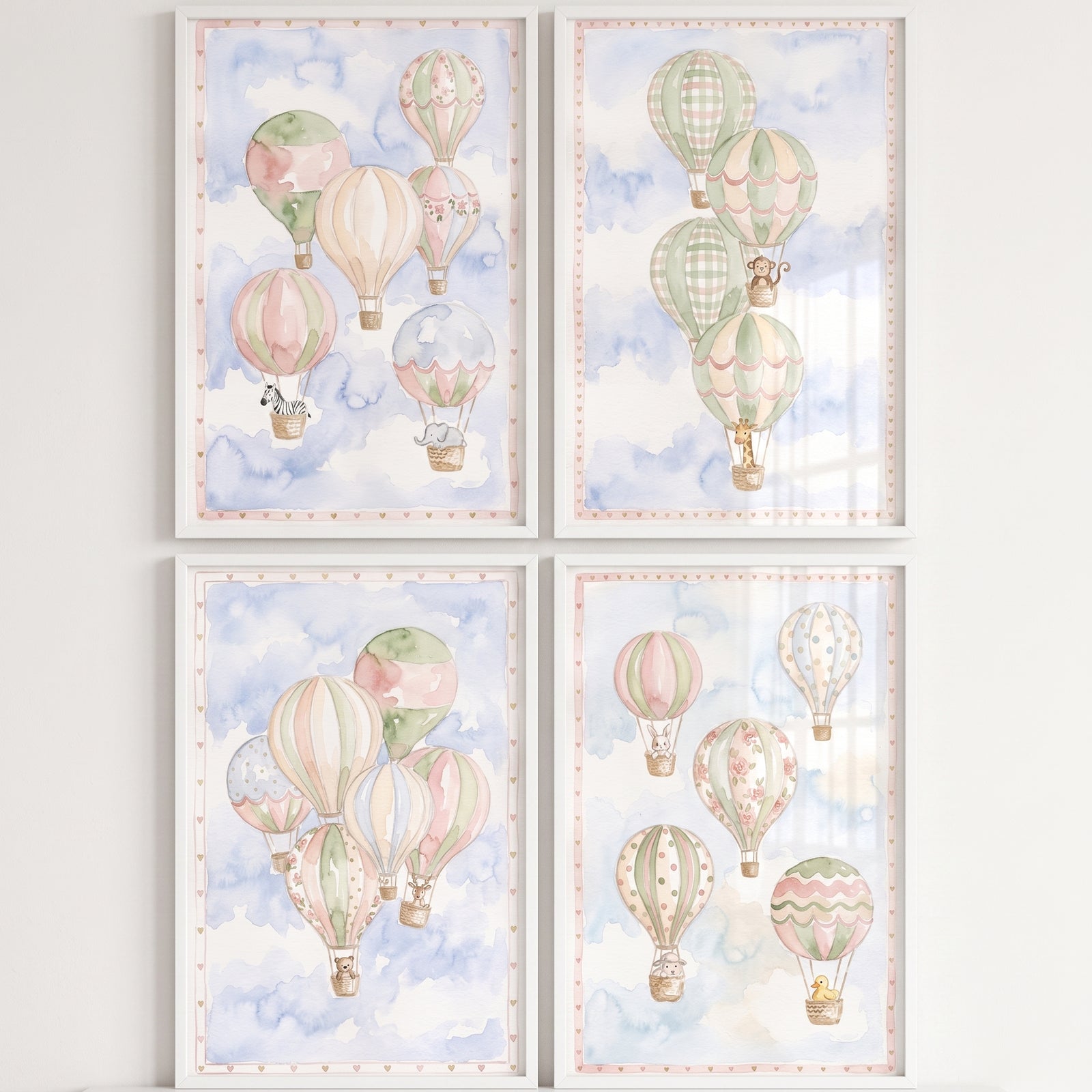 Serene watercolor safari balloon wall art set of 4 shows cute animals in pastel hot air balloons among soft blue clouds.