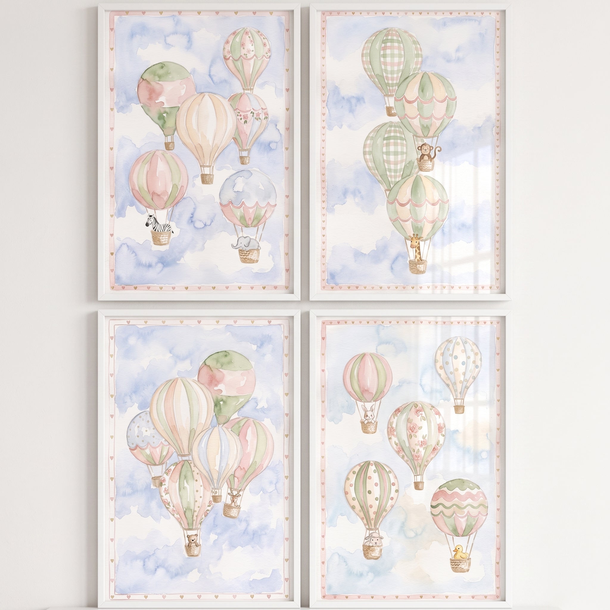Serene Watercolor Safari Balloon Wall Art Set Of 4 - Dreamy Cloud Drifters