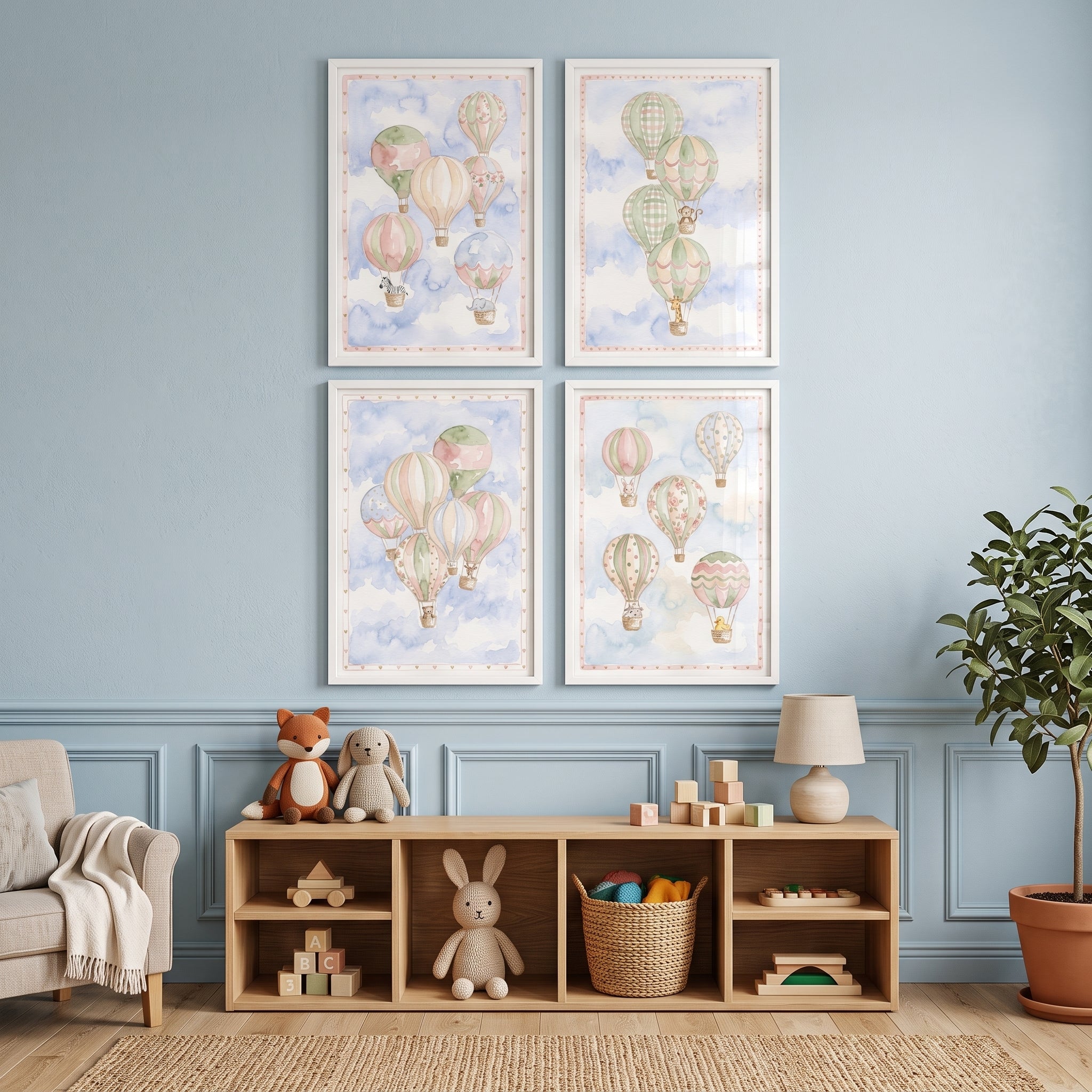 Serene Watercolor Safari Balloon Wall Art Set Of 4 - Dreamy Cloud Drifters
