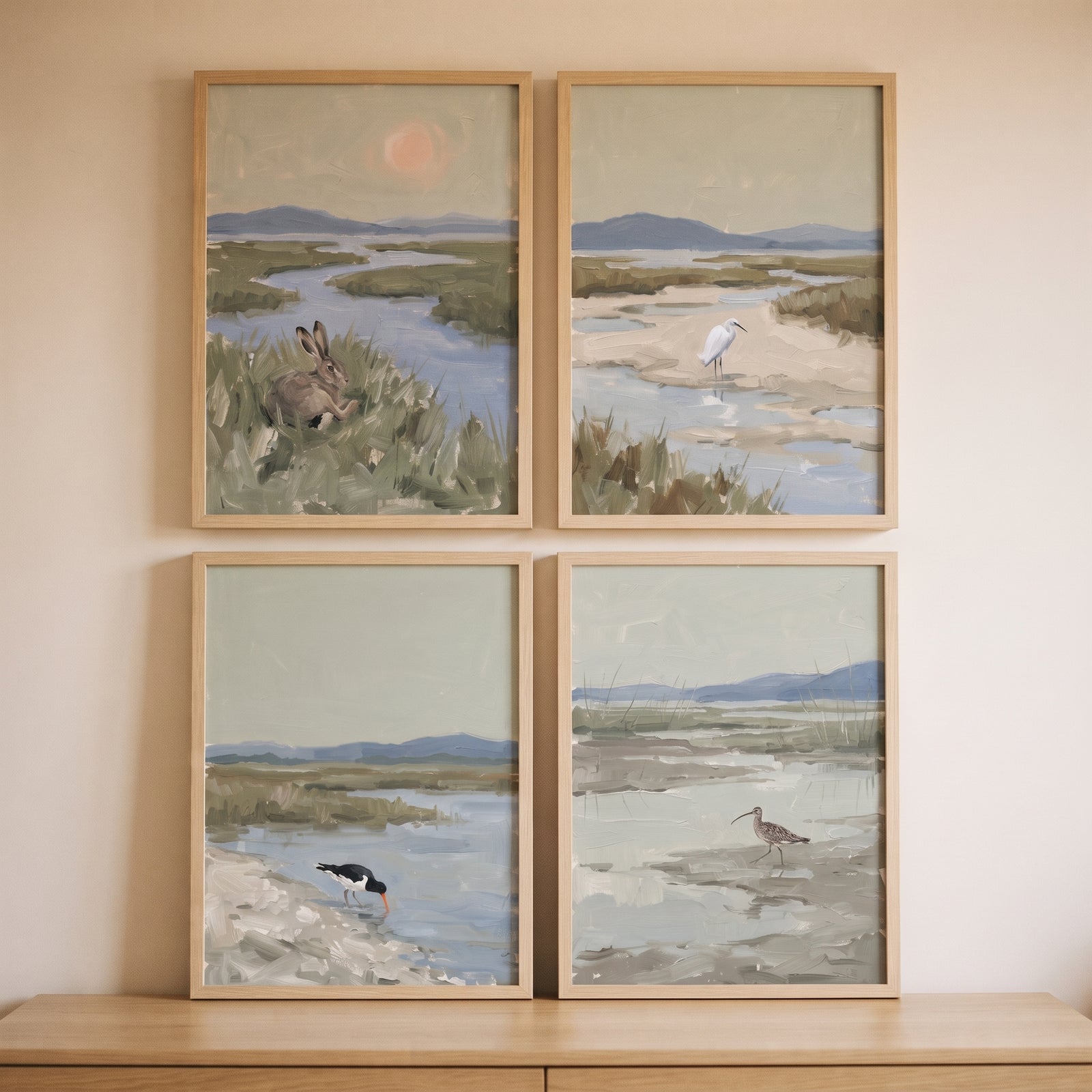 Serene wetland marsh animals artwork set of 4 features a hare and shorebirds in soft, earth-toned coastal landscapes.