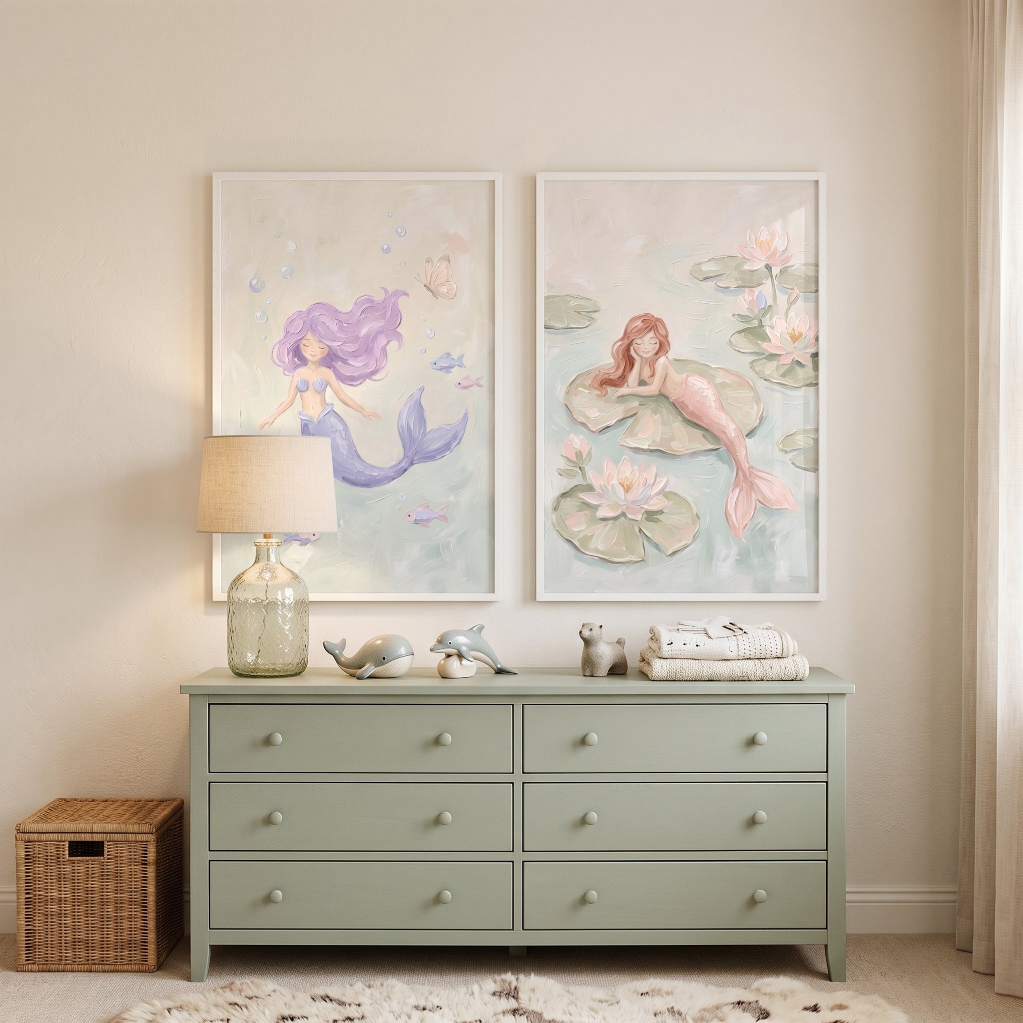 Serene Whimsical Pastel Mermaid Wall Art Set of 2 - Enchanted Sea Maidens