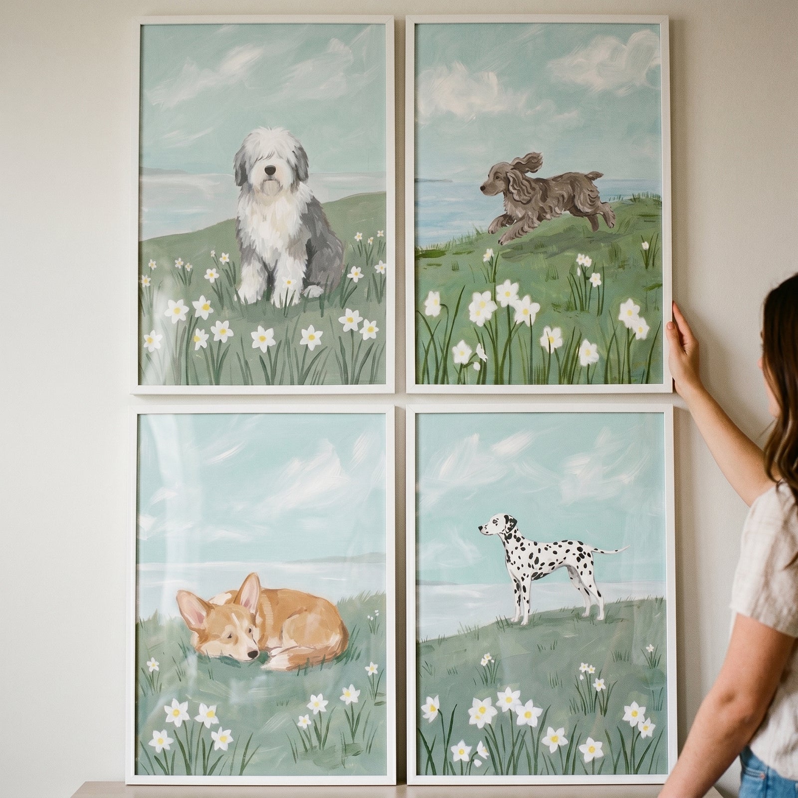Serene white daisy dog wall art set of 4 featuring various dog breeds in flowery meadows under light blue skies.