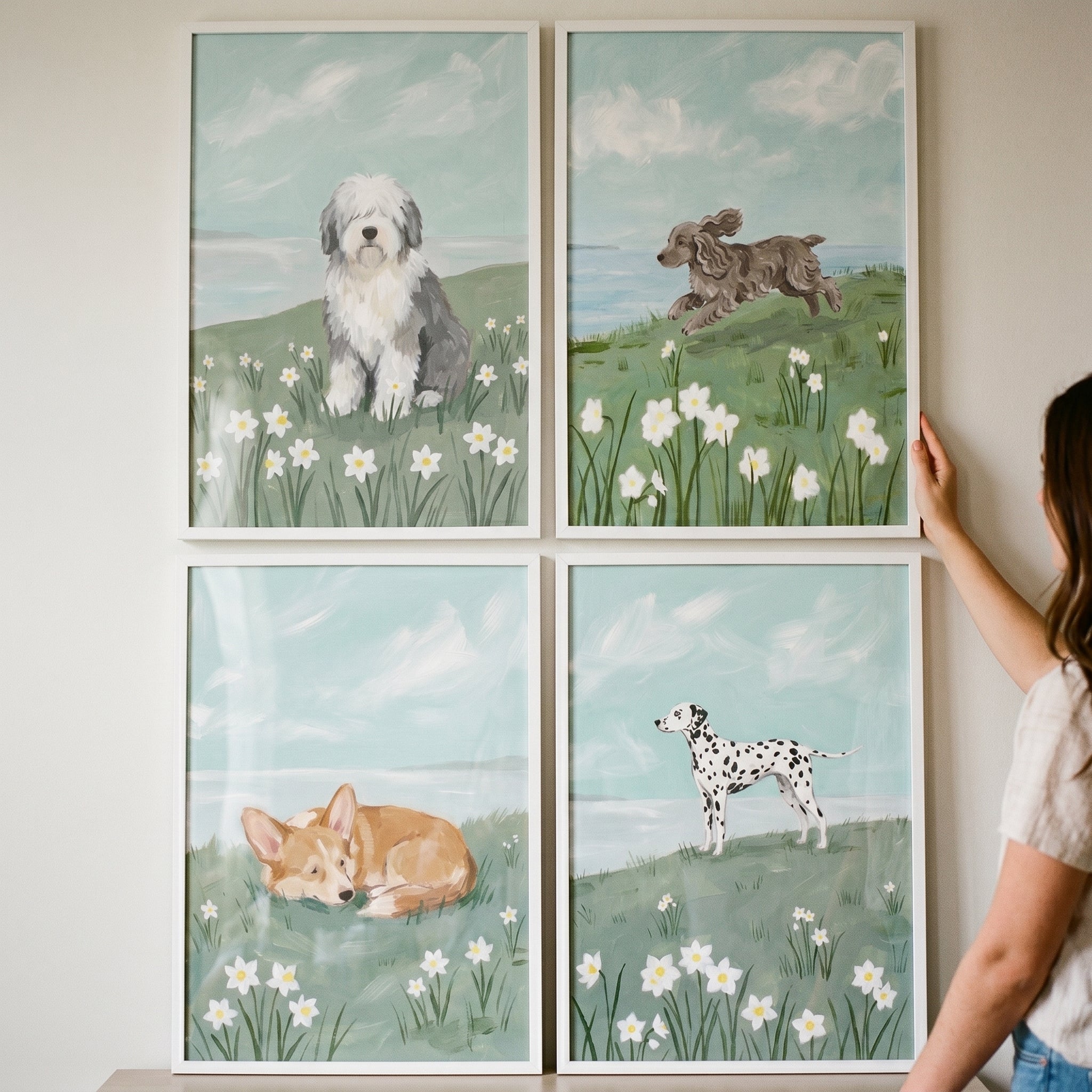 Serene White Daisy Dog Wall Art Set of 4 - Coastal Canine Friends
