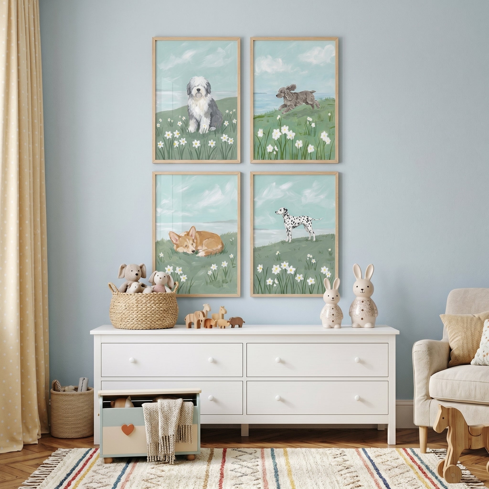 Serene White Daisy Dog Wall Art Set of 4 - Coastal Canine Friends