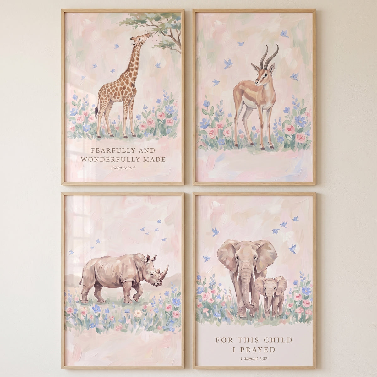 Serene wildflower safari animals wall art set of 4 features a giraffe, gazelle, rhino, and elephants with Bible verses.