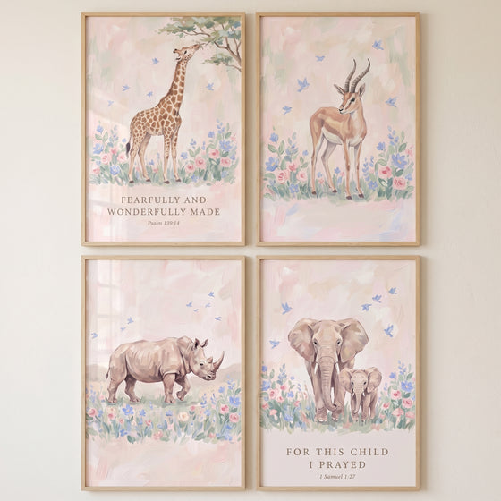Serene wildflower safari animals wall art set of 4 features a giraffe, gazelle, rhino, and elephants with Bible verses.
