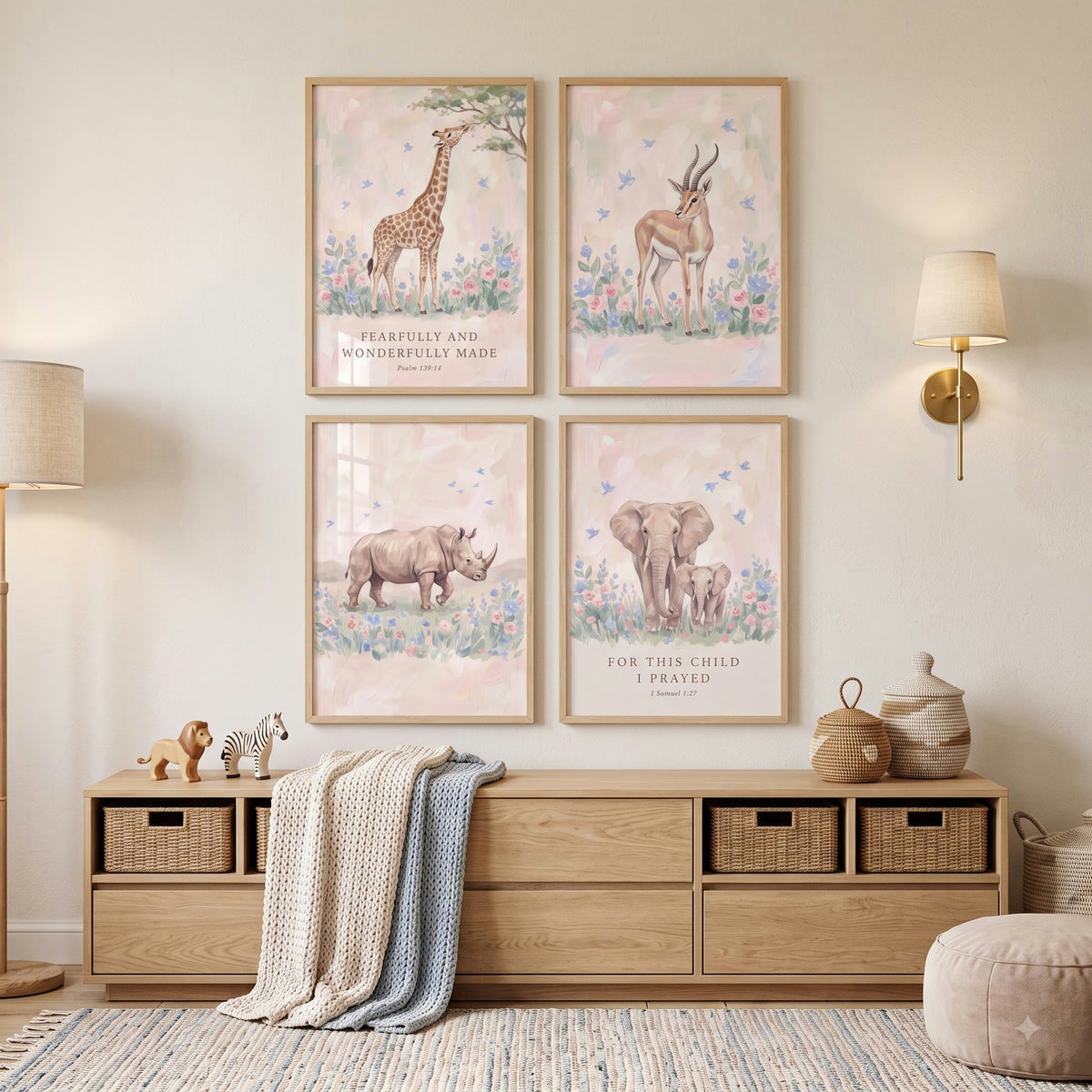 Serene Wildflower Safari Animals Wall Art Set of 4 - Safari Scripture Prints