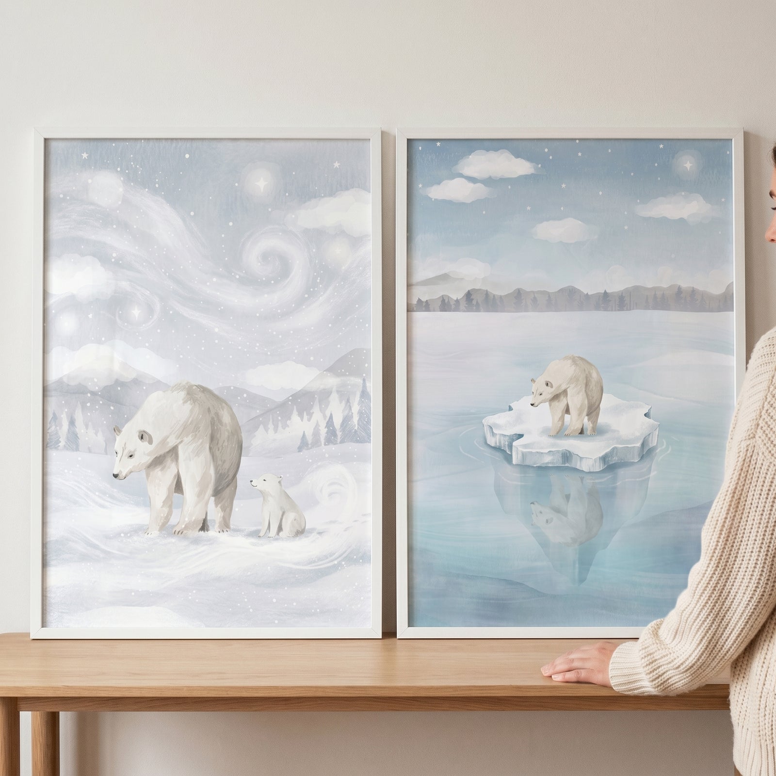 Serene winter polar bear wall art set of 2 with bears in snowy landscapes and on an ice floe in white frames.