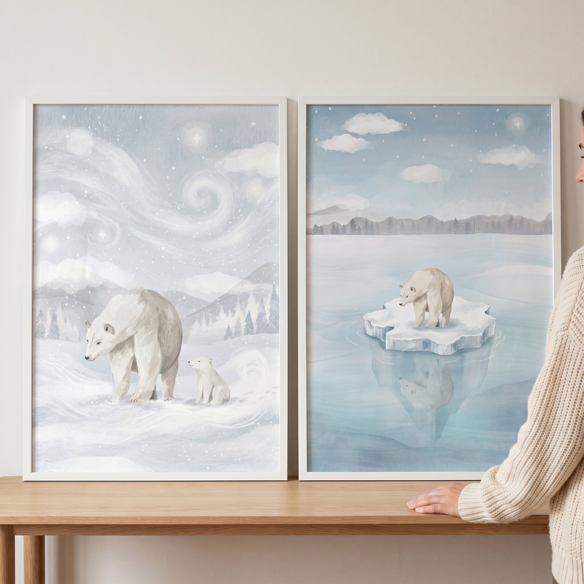 Serene Winter Polar Bear Wall Art Set of 2 - Arctic Bear Serenity