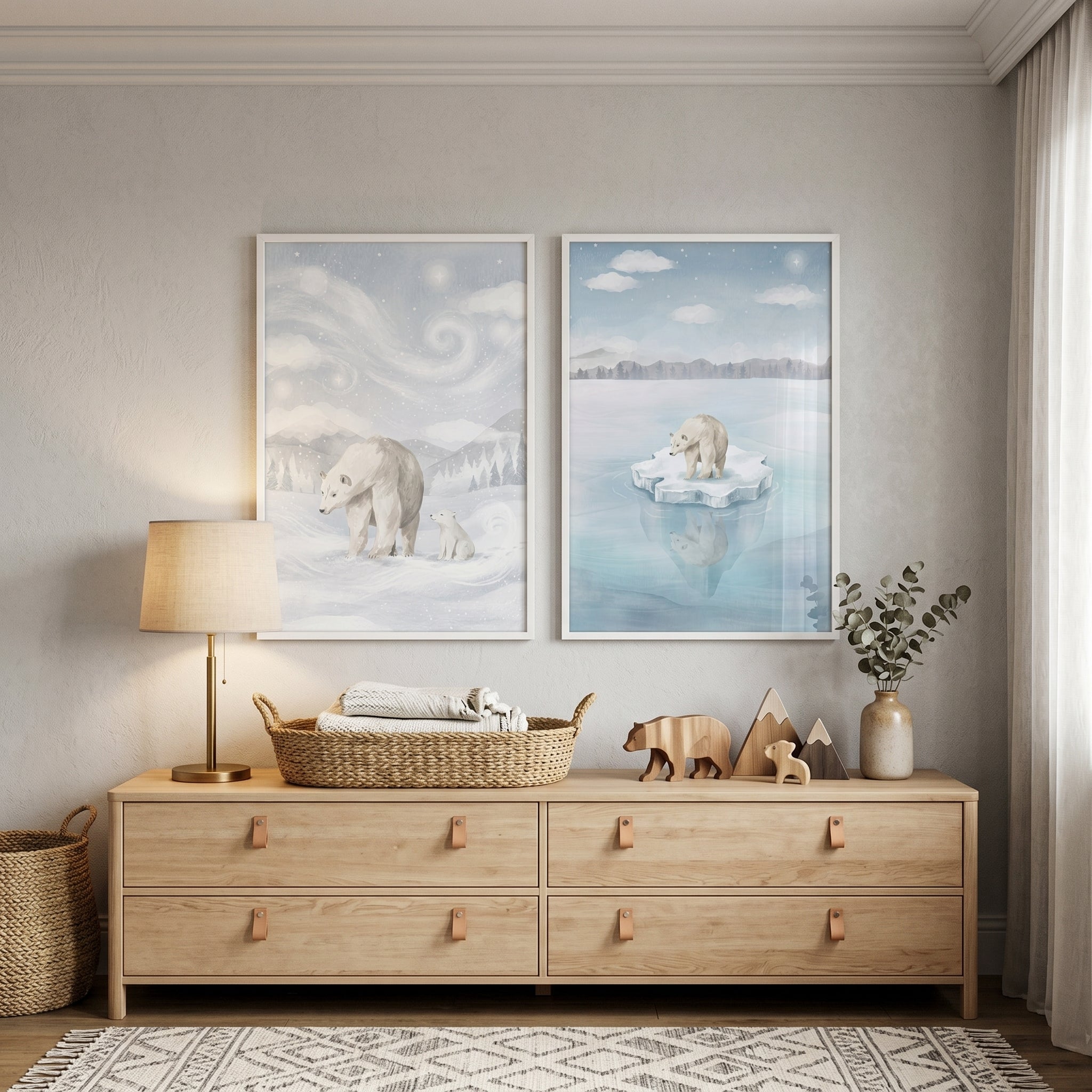 Serene Winter Polar Bear Wall Art Set of 2 - Arctic Bear Serenity