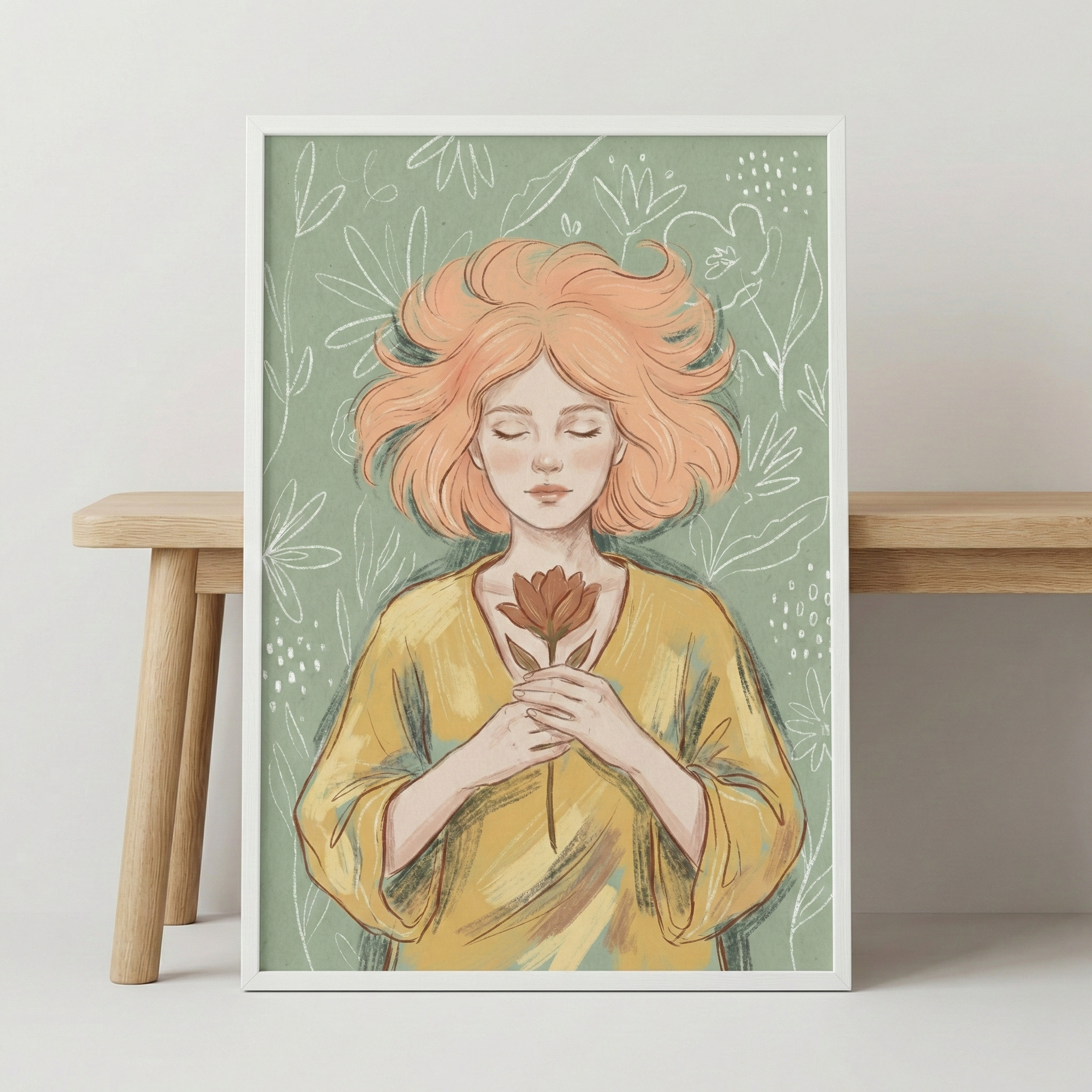 A framed illustration features a woman with voluminous, wavy peach-colored hair and closed eyes, conveying a sense of peace. She wears a mustard yellow top and gently cradles a single brown flower in both hands against her chest. The background is a soft sage green adorned with delicate white line-art botanical shapes. This framed artwork is shown resting on a light-colored wooden bench against a plain white wall.