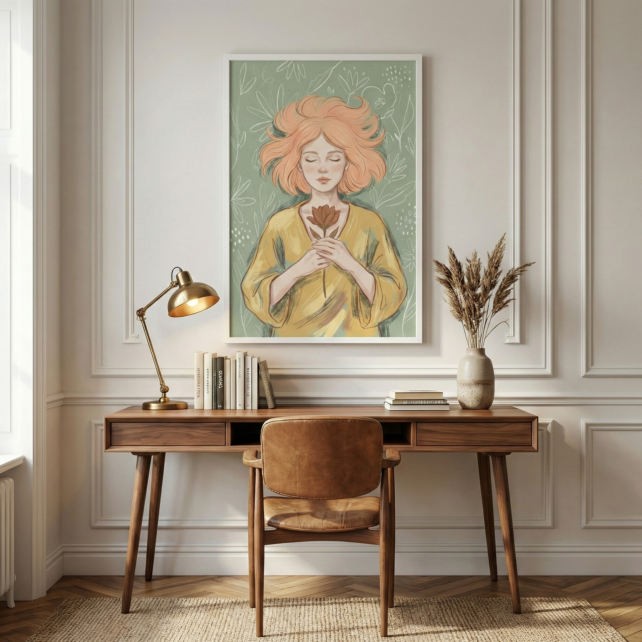 An interior scene shows a framed illustration of a woman with closed eyes and wavy orange hair, cradling a brown flower against a soft green background. The framed art hangs centered on a white wall with decorative molding. Below it, a wooden mid-century modern desk holds a brass lamp, a collection of books, and a ceramic vase with dried grass. A simple wooden chair with a brown seat is positioned in front of the desk on a textured rug. The floor is made of wood in a herringbone pattern.