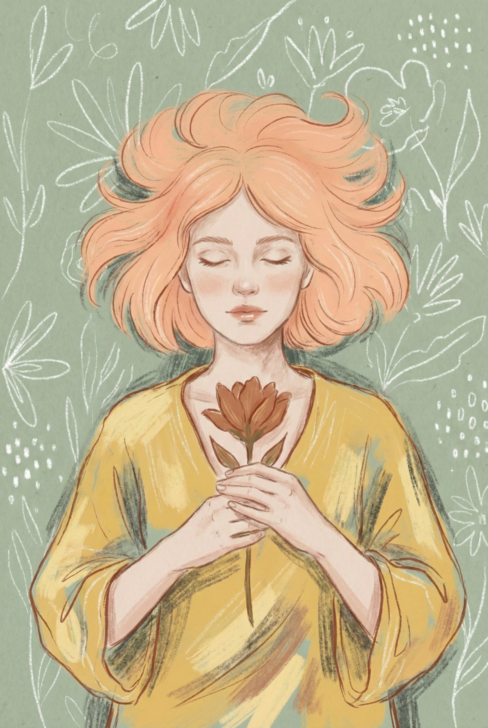 Front facing illustration of a young woman in a yellow dress gently holding a flower at her chest. Her eyes are closed and white floral doodles fill the muted green background.

