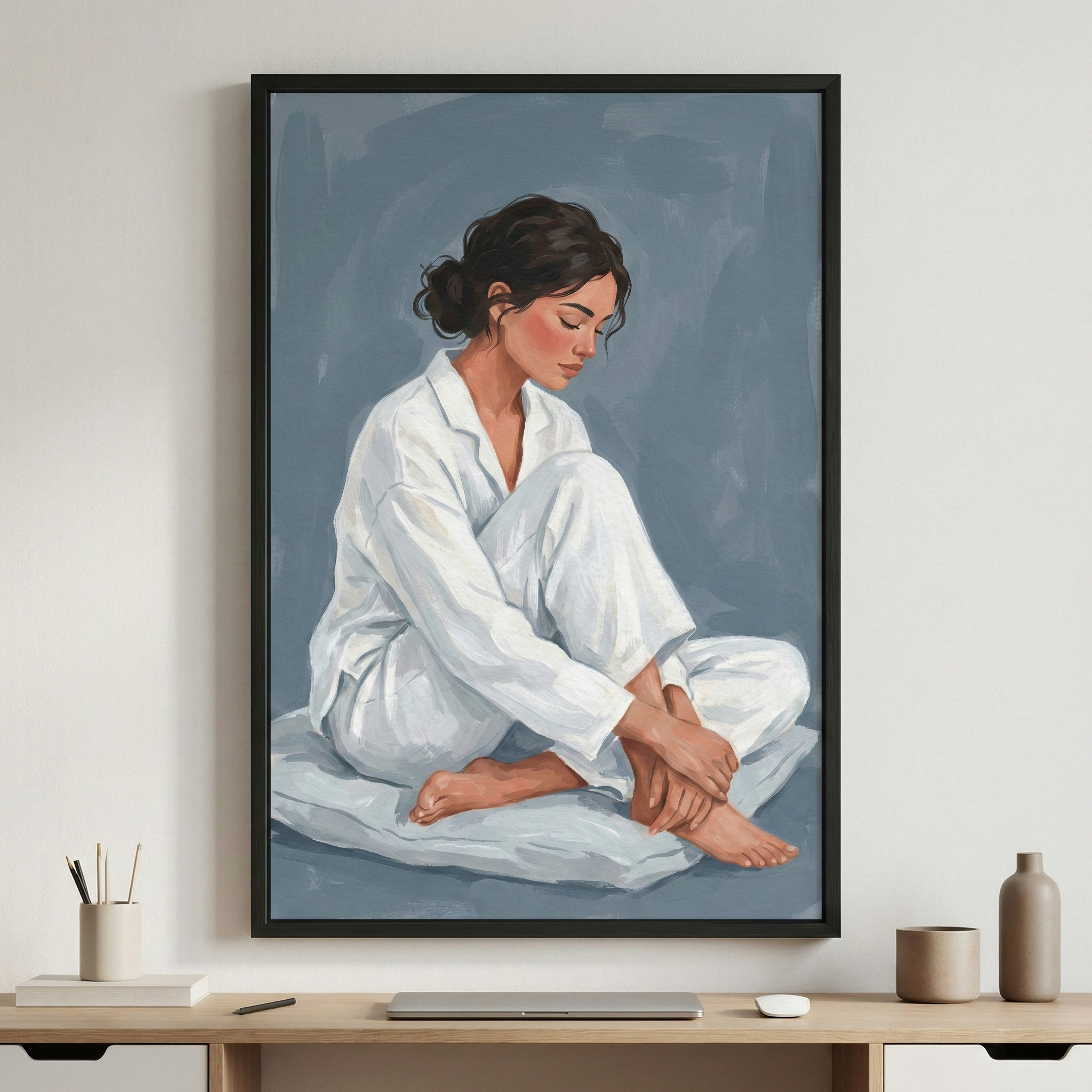 A framed piece of art depicting a woman with dark hair tied in a bun, wearing loose white pajamas. She sits cross-legged on a large, soft, light-colored cushion with her head tilted down and eyes closed in a contemplative pose. The background of the image is a textured, muted blue-gray with visible brushstrokes. The artwork is in a thin black frame, hanging on a neutral-toned wall above a light wood desk. 