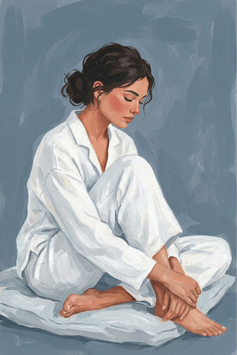 Painted portrait of a woman with dark hair sitting barefoot on a cushion, dressed in loose white pajamas, looking down in a moment of quiet reflection against a muted blue background.
