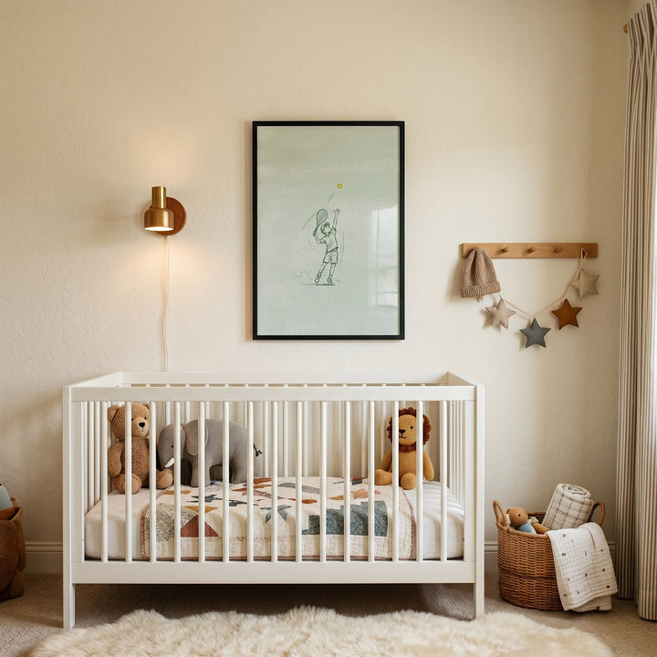 White crib with stuffed toys below serving ball tennis boy wall art. A gold lamp and star garland decorate the room.